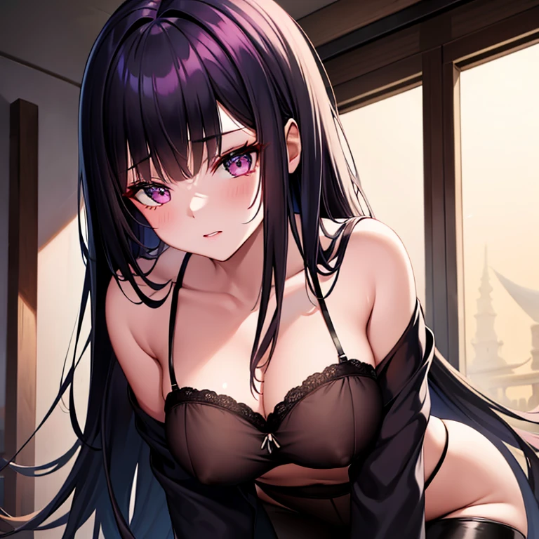 Dimly lit place。Long black hair。purple eyed girl。独奏。Black bra and pants。Looking at me shyly。Redness of cheeks。Pink lips。Delicate fingers。