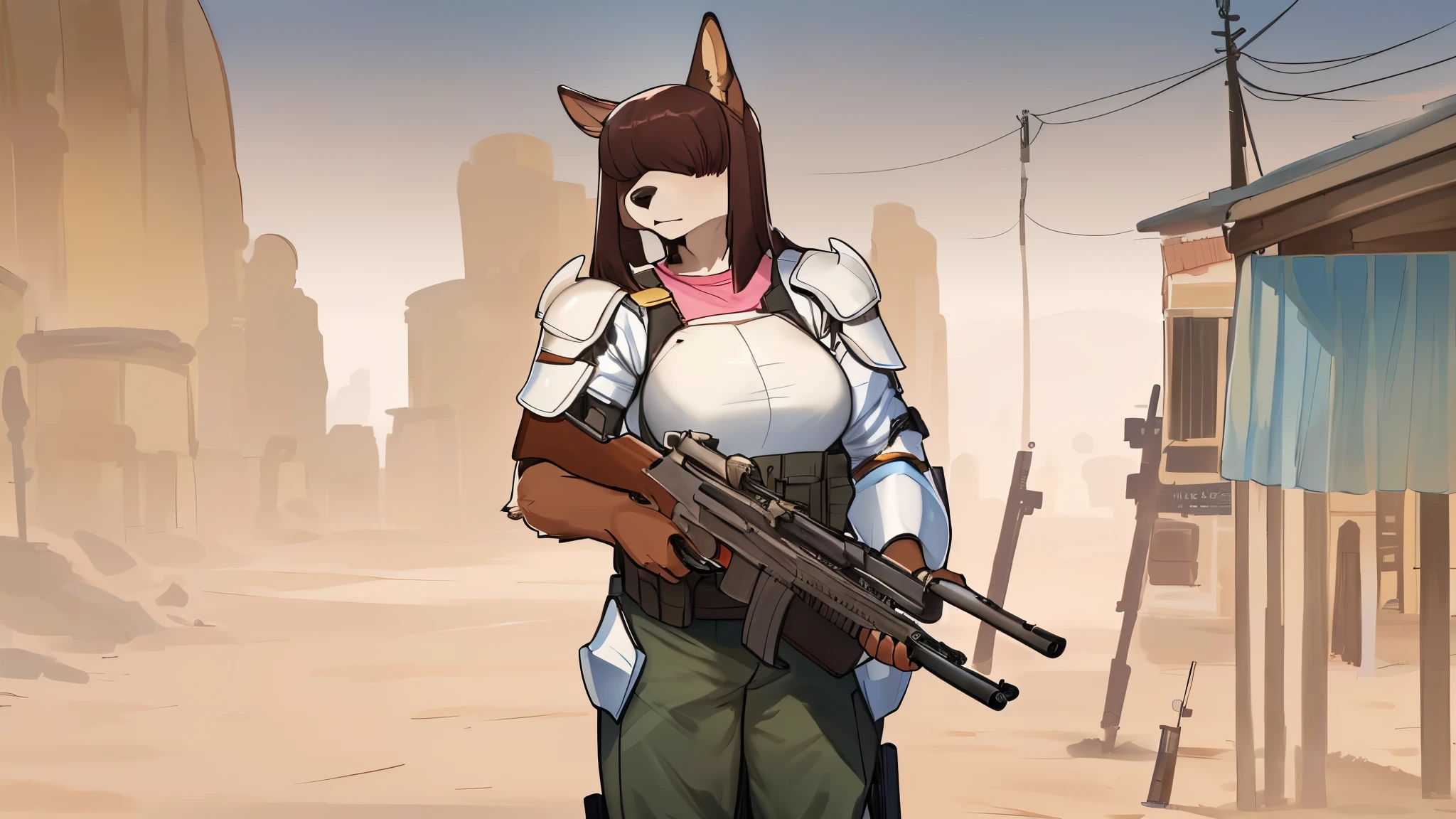 1woman 20 years old, military, beautiful, perfect body, realistic, red hair, perfect body, thin waist, , large breasts, slim thighs, desert background, armored vehicle, flying fighters, military robot dog, camouflaged uniform, wealth of details, tight panties, marking on the front, slender knees, highly detailed, high resolution, prefect hands, slender thighs, show knees, thigh gap, alert eyes