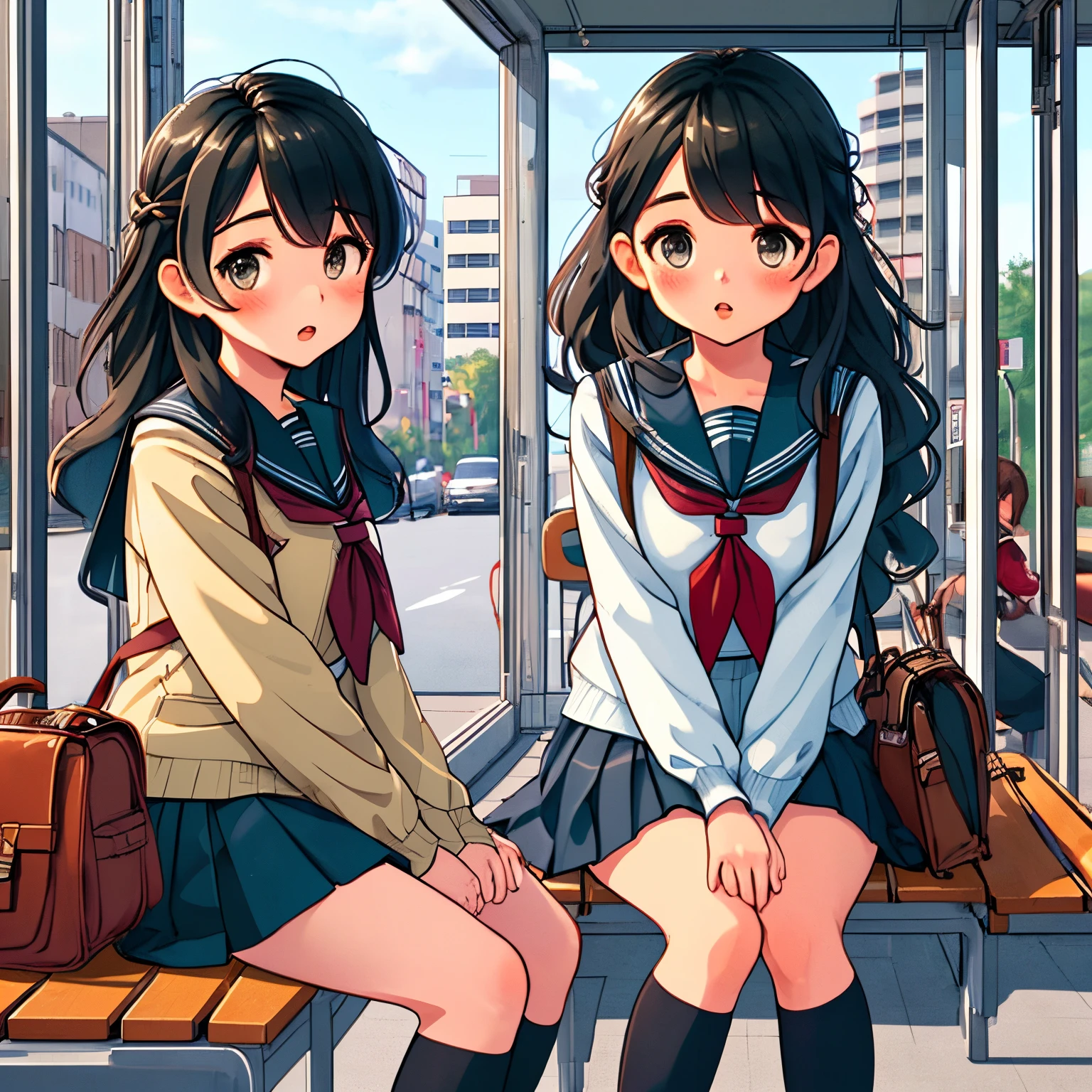 ground vehicle, motorbike, school uniform, long hair, motor vehicle, sitting, skirt, black hair, serafuku, looking at viewer, 1boy, bag, socks, pleated skirt, jacket, neckerchief, hair between eyes, blush, long sleeves, sailor collar, multiple girls, outdoors, red neckerchief, bangs, pants, white shirt, shirt, parted lips, day, tree, 1girl, between legs, hand between legs, building, bow, wavy hair, window