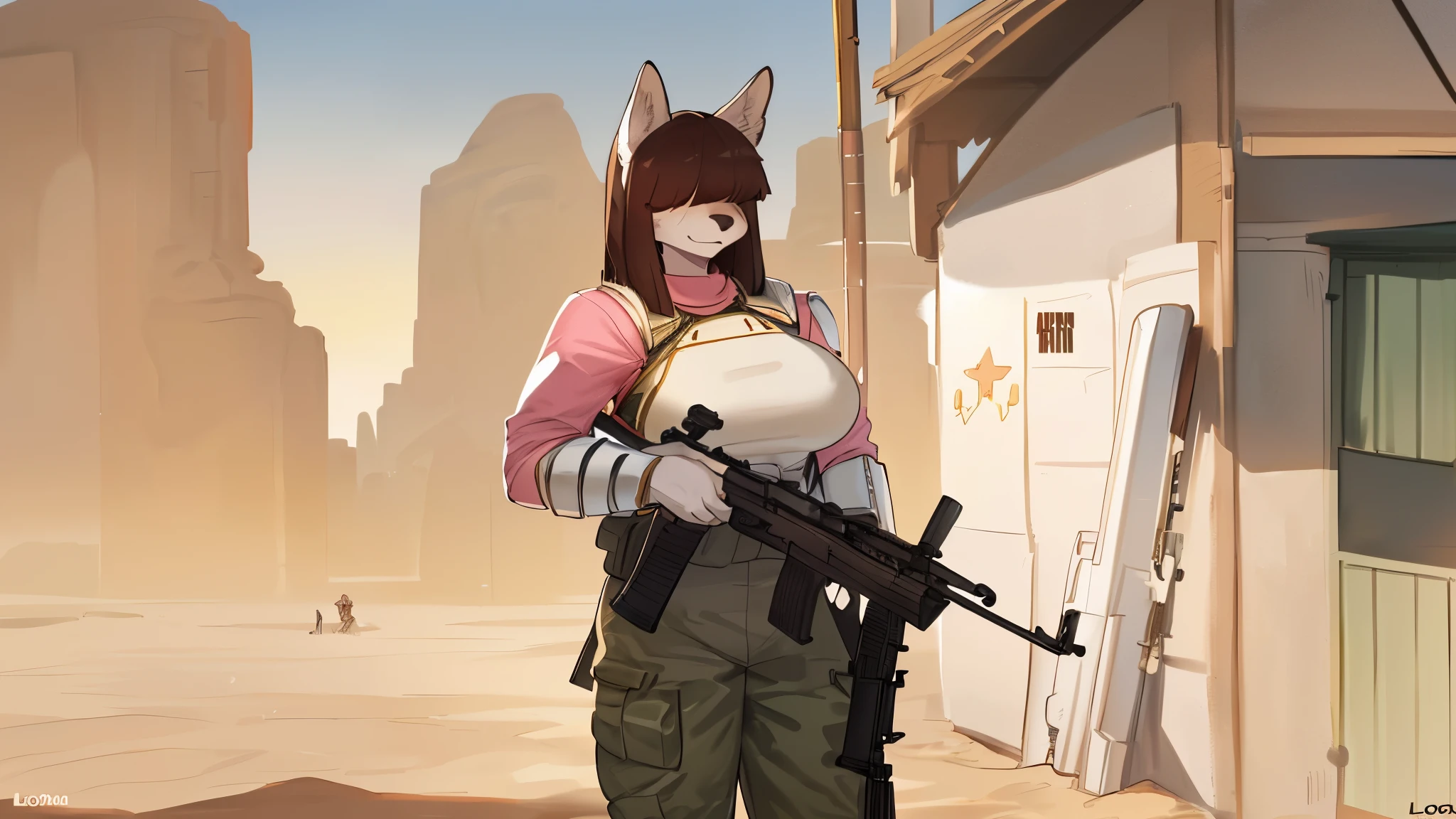 By bebebebebe, by lostgoose, by goonie-san, solo, female, standing, ears, (((pink shirt, white body armor))), green cargo pants, desert town, canine, muscular, brown fur, big poofy tail, tail raised, (dark maroon hair), (((hair covering eyes, flat hair, straight hair))), big breasts, (((holding rifle, assault rifle, ak-47, kalashnikov rifle, russian rifle, shouldering rifle, aiming rifle, pointing rifle))), by pgm300