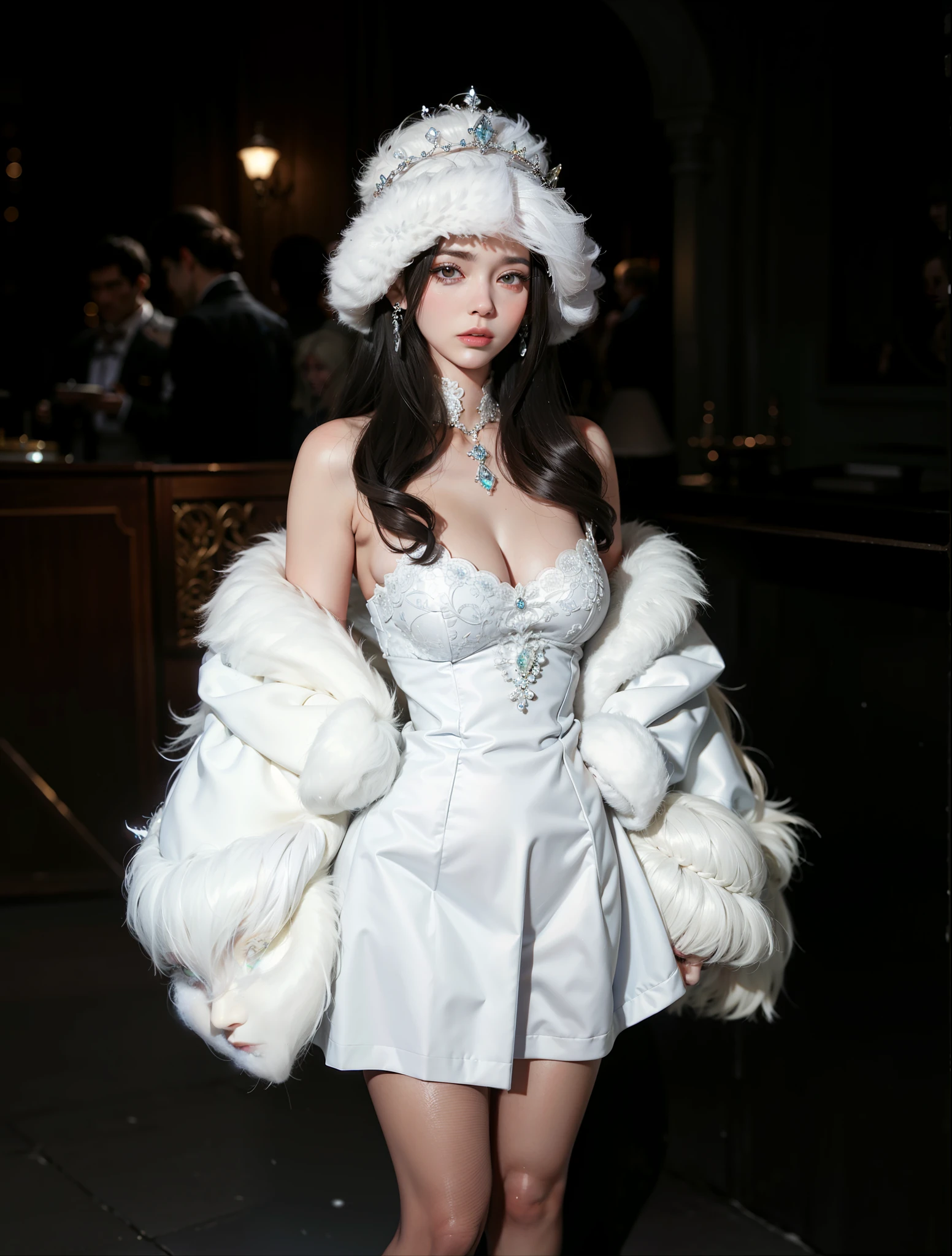 Imperial sister,A detailed eye,Snow Queen,put the crown on your head,Detailed facial expressions,Ripe body,Tall figure,the number,legs long,4K,k hd,fleshy feeling,White translucent lace,Fair and plump figure,Nice face,Cherry small mouth,beautiful and delicious(3D royal sister),Plump body,gloss gel coat,Luxuriously dressed queen,Gem Diamond Crown