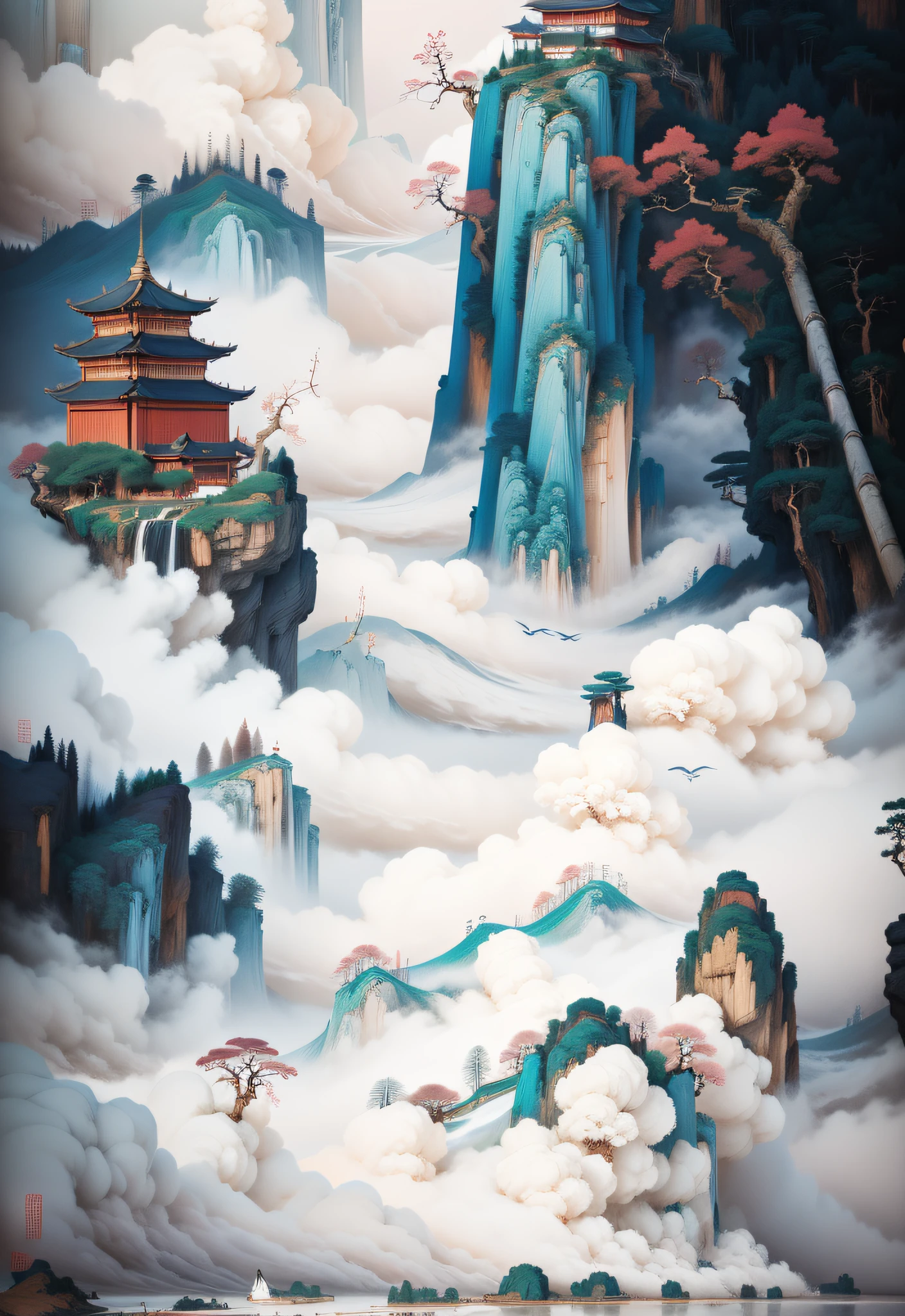 ((tmasterpiece)),((Best quality at best)),((high detal)),((actual,)) China landscape mountain, ​​clouds, ​​clouds, lake, noodle, bowl, Gate, ladder, pylons, wine altars, steamboat, florals, bamboos, ancient buildings, Chinese style architecture, Chinese traditional trend style, illustratio, Soft style and dreamy atmosphere,Chen Bo, photorealism techniques, Meticulous technology, , zen aesthetic, Illustration poster design, Graphic design, Beautiful ancient Chinese architecture, Auspicious clouds, Exaggerated waves, blossoms, water flowing, Abstract illustration, rim-light, dream, fanciful, Vector line drawing, Surreal