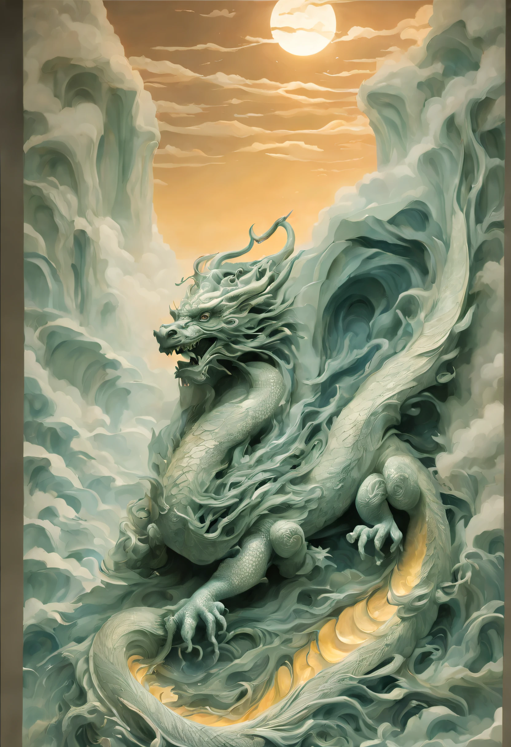 Beautifully carved jade dragon, smart face, Hand carved nephrite, museum photograph, negative space, The city of dreams, (stunning sunset background), blue ink flow, 8K分辨率, aaron horkey (aaron horkey) and Jeremy Mann (Jeremy Mann) A lifelike masterpiece, Jean Baptiste (Jean Baptiste) Create complex fluid gouache paintings, professional photoshooting, natural lightting, Volumetriclighting, maximalist, 8K分辨率, concept-art, intricately details, Complex, Elegant, comprehensive, like a dream, Overwritten,