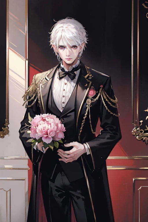 A white haired man with ruby eyes in a ornate black suit is holding a peony to his chest in a study