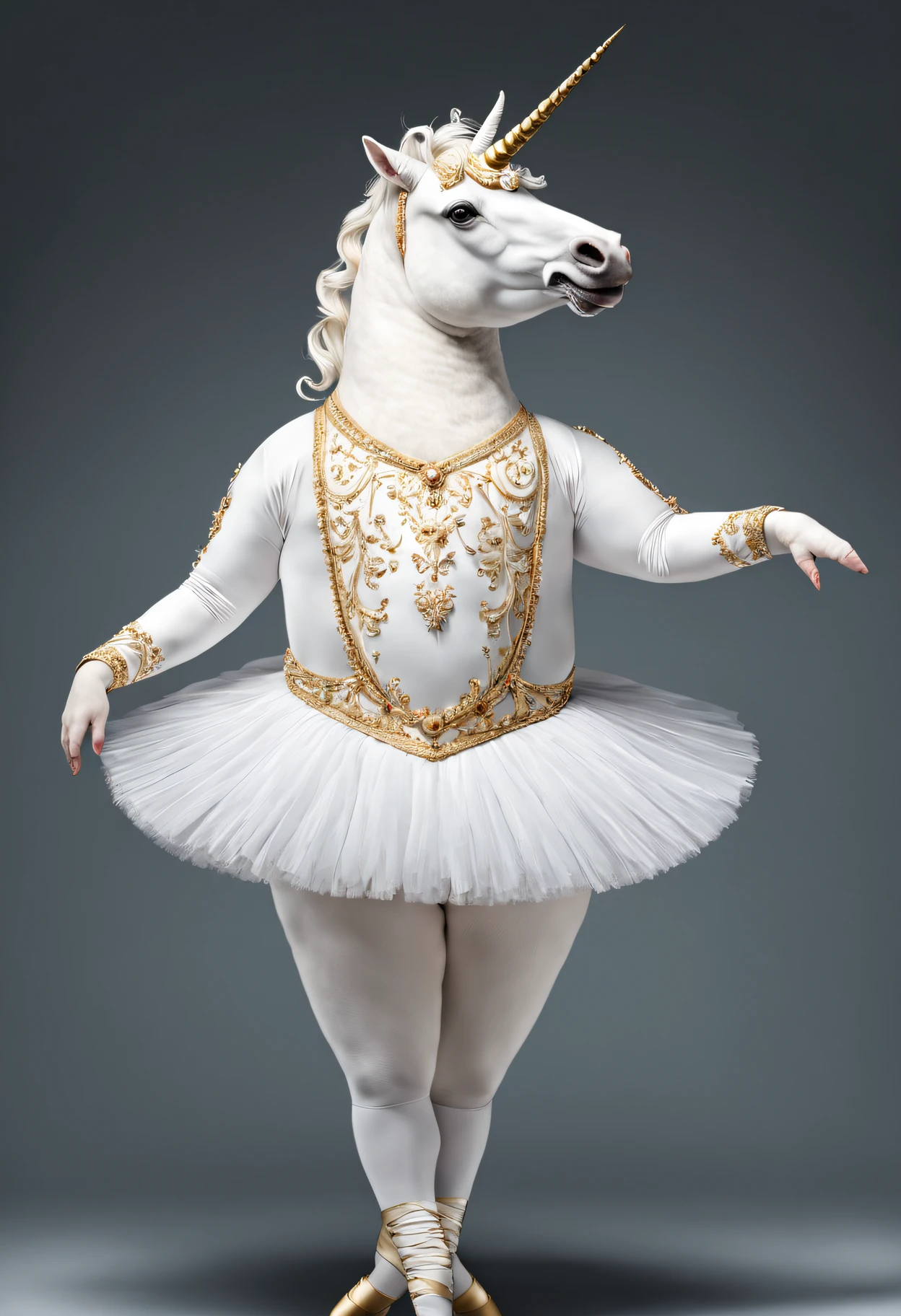 photorealistic portrait of Dressed animals - a fat white unicorn ballet dancer,(ballet posing), high quality,(lovely) intricate details highly detailed ballet costume ,, studio lighting,(full body image:1.5)