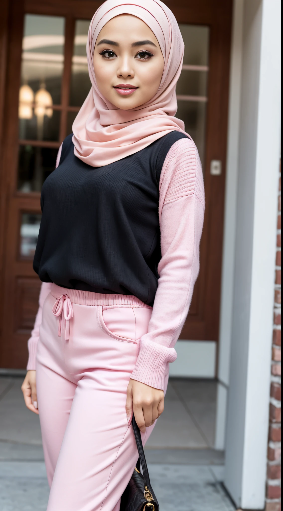 RAW, Best quality, high resolution, masterpiece: 1.3), beautiful Malay woman in hijab,Masterpiece, perfect body, (big breast), big gorgeous eyes, Soft smile,beautiful face, malay woman woman in pink sweater and black pants holding a black purse, pink and black, pink, some pink, pink clothes, wearing tight  clothes, feminine in cute pastel shades, pastel pink, with soft pink colors, wearing elegant casual clothes, casual clothing style, full body picture, ((pink)), inspired by Shaddy Safadi, pink vibe, pink and pink details