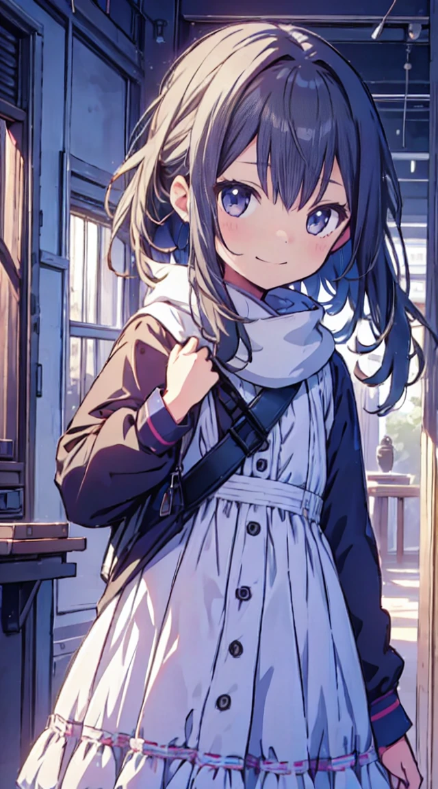 masutepiece, Best Quality,Illustration, Wallpaper, ultra -detail, 1little girl、♡、Futomo、Poses in motion、soft smiling、Dress warmly
