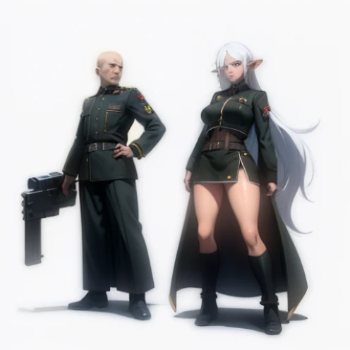 full body standing woman, white background, white hair, long messy hair, black elf skin, militar uniform (nazi uniform), looking to the viewer, short skirt, open chest, erotic but SFW