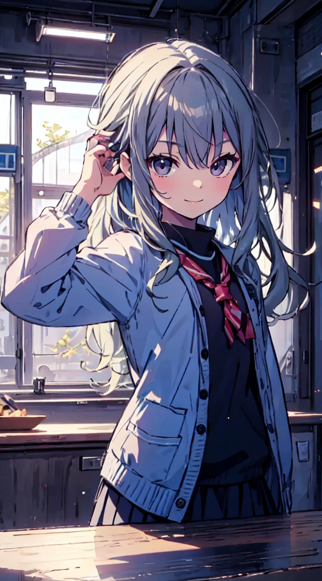 masutepiece, Best Quality,Illustration, Wallpaper, ultra -detail, 1little girl、♡、Futomo、Poses in motion、soft smiling、in school uniform