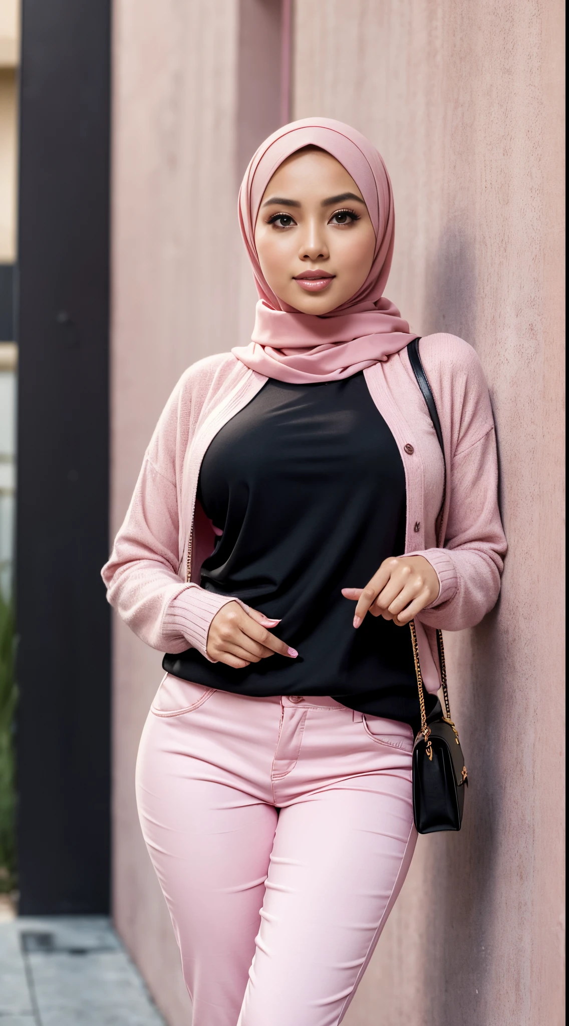 RAW, Best quality, high resolution, masterpiece: 1.3), beautiful Malay woman in hijab,Masterpiece, perfect body, (big breast), big gorgeous eyes, Soft smile,beautiful face, malay woman woman in pink sweater and black pants holding a black purse, pink and black, pink, some pink, pink clothes, wearing tight clothes, feminine in cute pastel shades, pastel pink, with soft pink colors, wearing elegant casual clothes, casual clothing style, full body picture, ((pink)), inspired by Shaddy Safadi, pink vibe, pink and pink details