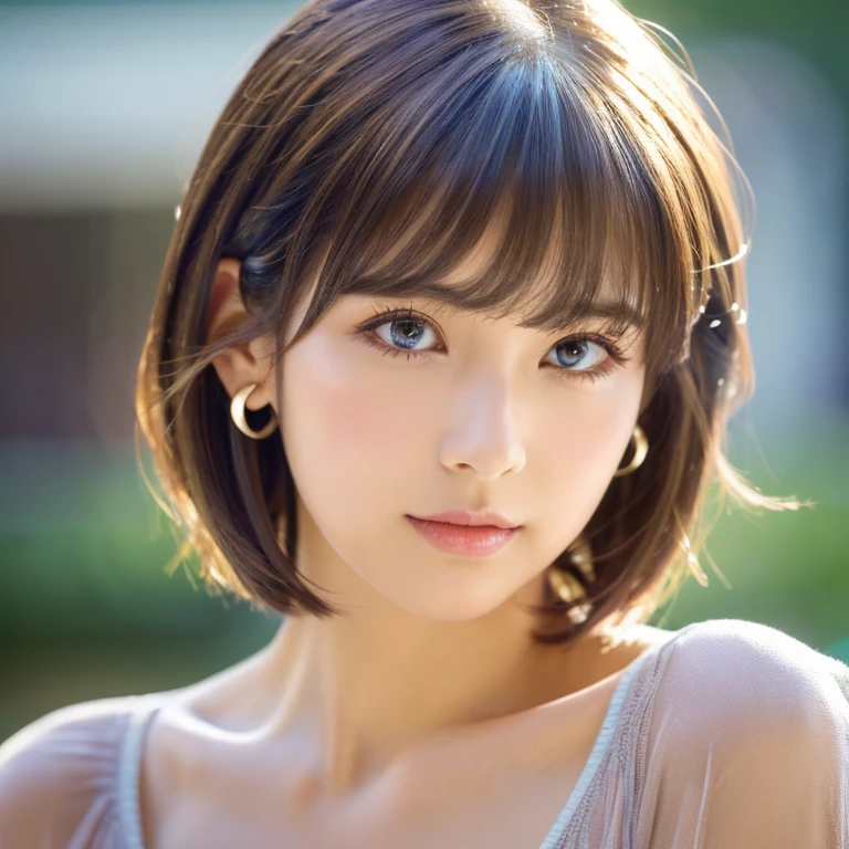 (Best Quality, masutepiece), 1girl in, Beautiful Girl, brown_Eyes, ((Hair color [Silver hair], [Pixie cut with bangs] hair)), earrings, Lips, Short sleeves,Realistic, Narrow waist, Charming, colorful makeup, long eyelashes, Fair skin, (Cute), (Detailed face), Detailed eyes, Detailed iris,Exposed nipples　huge-breasted　cleavage of the breast　full bodyesbian