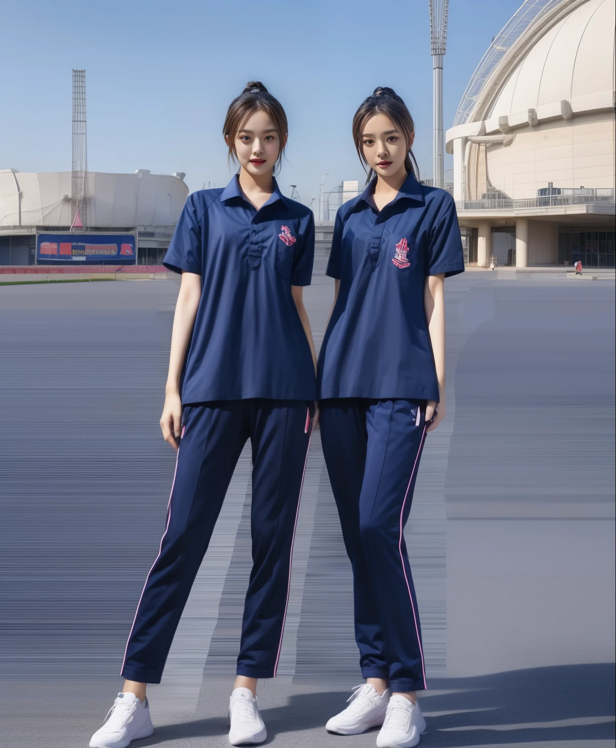 (bestquality,10,10,highres,masterpiece:1.2),ultra-detail,(Realistic,photorealistic portrait,photo-realistic:1.37),1 Cute girl in the football field,oily shiny skin,bara,light smile,BDclothelue shirt:1.3)),short sleeves,shirt, trousers.,(navy_long_Pants Track:1.1), ((Stadium Background:1.3)),dynamic angle,excited,face focus,Dynamic Poses,from behide,Ass Focus,masterpiece, bestquality, ultra realistic, hyper-detail, 8k resolution, RAW photo, crisp focus, ((Navy blue shirt:1.1)), short sleeves, Long Path, Perfect body, 2 mature women, 18yo, cinematic light,Blue sweatpants,Gymware,Correct anatomy,Complete body, Correct body, sharp face, Anatomically correct body, full entire body, Realistic gestures, long-haired, Realistic poses,Wear long shorts..................................,Long leg span,Shapely,Sculpting Girl, Slender Figure, mannequin mannequins, Shapely, Beautiful body,Blue sweatpants, Two girls kissing