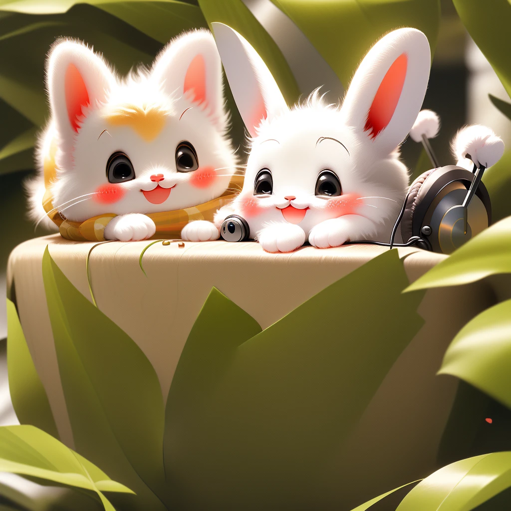 Cute little bunny listening to music, Happy, Smiling, Earphone,HD without impurities