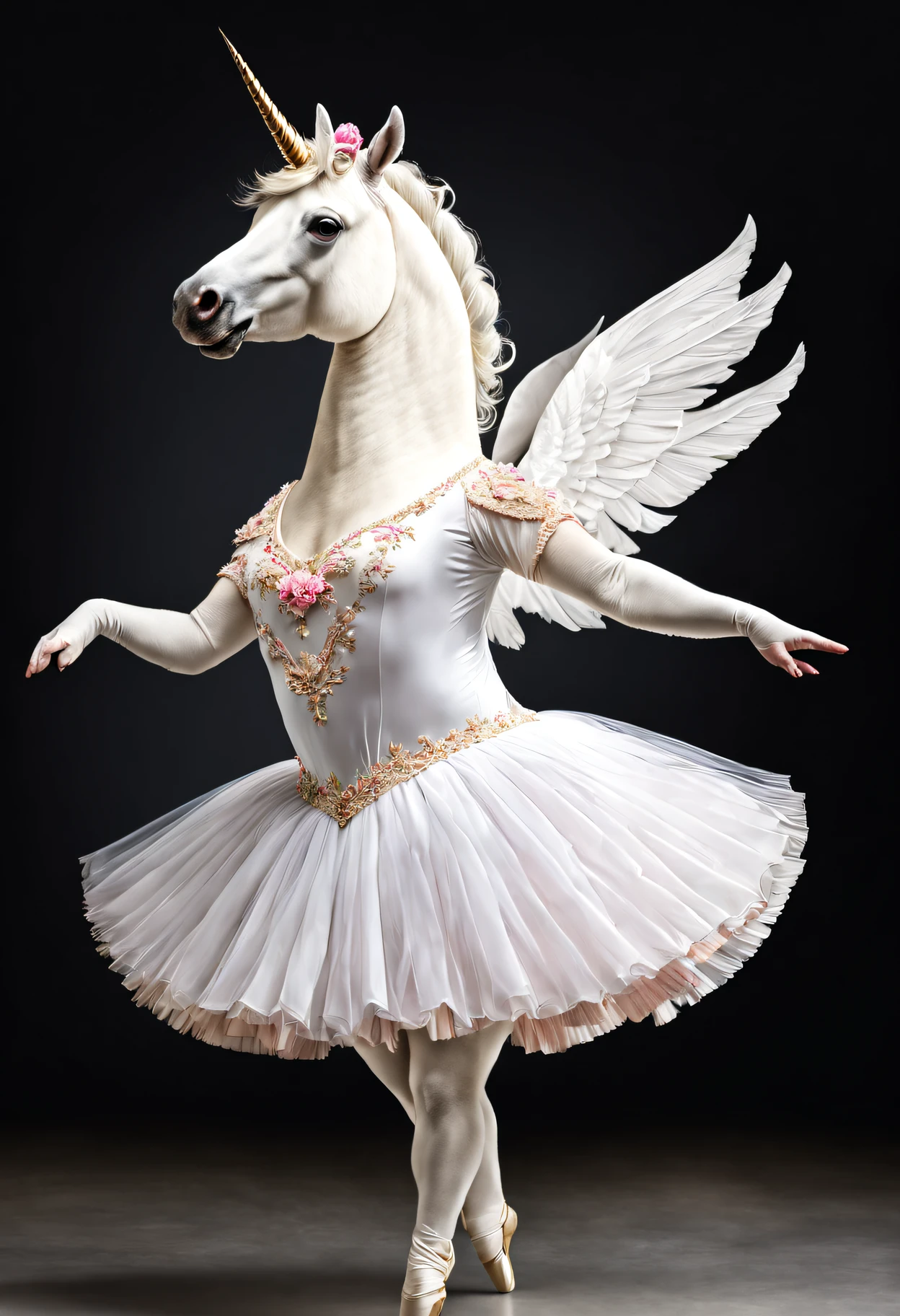 photorealistic portrait of Dressed animals - a fat white unicorn ballet dancer,(ballet posing), high quality,(lovely) intricate details highly detailed ballet costume ,, studio lighting,(full body image:1.5)