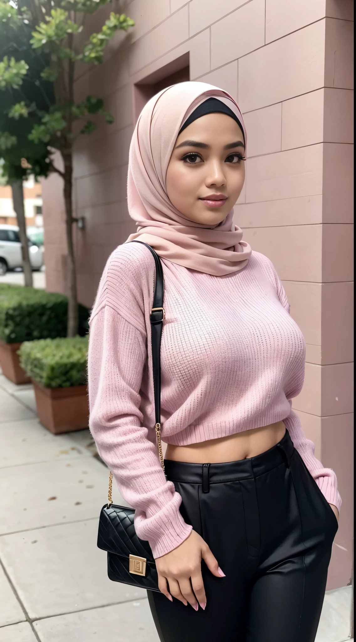 RAW, Best quality, high resolution, masterpiece: 1.3), beautiful Malay woman in hijab,Masterpiece, perfect body, (big breast), big gorgeous eyes, Soft smile,beautiful face, malay woman woman in pink sweater and black pants holding a black purse, pink and black, pink, some pink, pink clothes, wearing tight  clothes, feminine in cute pastel shades, pastel pink, with soft pink colors, wearing elegant casual clothes, casual clothing style, full body picture, ((pink)), inspired by Shaddy Safadi, pink vibe, pink and pink details