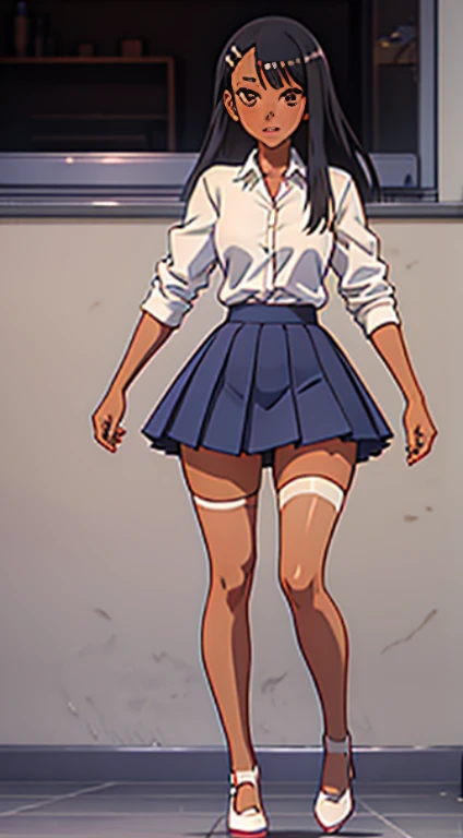 nagatoro hayase, hair ornament, brown eyes, hairclip, (dark skin, dark skinned female), black hair, (gyaru, bimbo, thin toned body, long legs, thick thighs, narrow waist), wide hips, beautiful detailed face, detailed body, detailed eyes, tight school uniform, pleated red skirt, open white shirt, (white thighhighs, low heels)