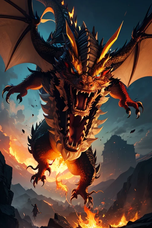 masterpiece, 
best quality, ultra-detailed, photorealistic, extremely delicate, 
(Chinese Dragon:1.2), flying, 
roaring, breathing flames, 
dynamic angle, intense angle, cinematic lighting,