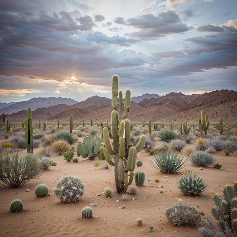 Wind is blowing in the desert. One single drop of rain from the sky. A cactus flourishes.