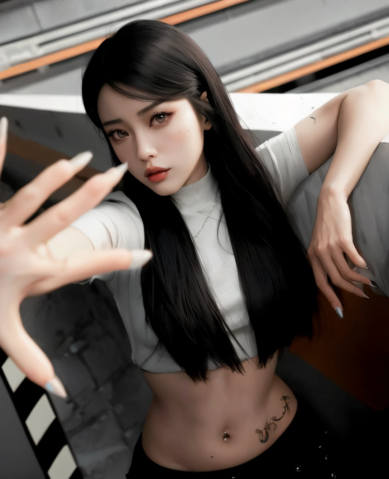 Mujer arafed con el pelo largo y negro y piercings posando para una foto, cruel korean goth girl, Jisoo de Blackpink, iu lee ji-eun as a super villain, Blackpink Jennie, Estilo realista de anime 3D, Chica coreana, Tifa Lockhart, Anime hiperrealista, Jisoo de Blackpink, inspirado por Gang Se-hwang, seductor retrato de Tifa Lockhart, Anime fotorrealista