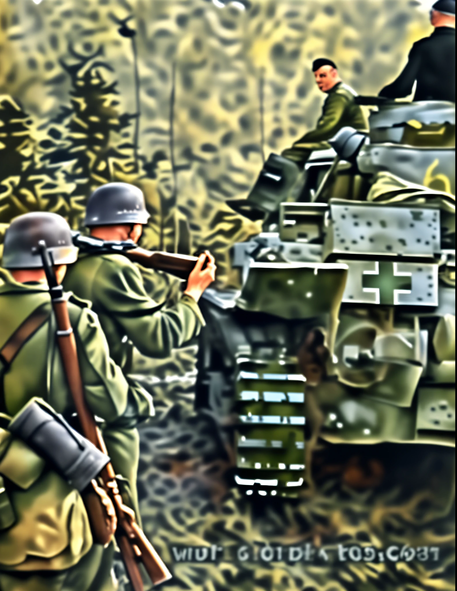 soldiers in uniforms are standing near a tank in the woods, ww 2 historical photography, ww2 historical photography, german and soviet soldiers, by Kurt Seligmann, panzer, by Werner Tübke, german and soviet tanks firing, ww2 historical photo, eastern front, by Ulrich Leman, 1943, still photograph, ww2 photo