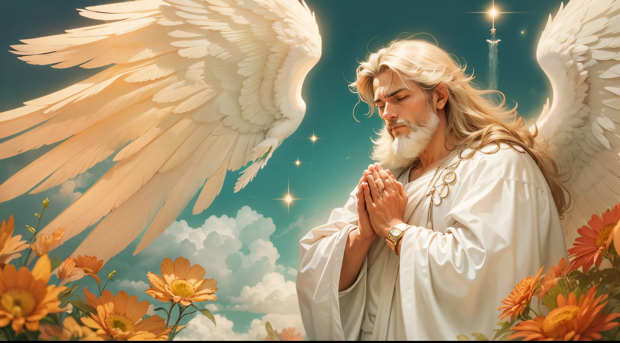 Closeup of an image of a man angel praying and blessing, arcanjo homem com asas grandes, o anjo da fortuna, perfeito, Reslistic, Biblical setting, celestial scenery, sol e nuvens ultras realistas, flores e velas, illuminated archangel of heaven, Passes em segundo plano, flores coloridas, velas acesas, roupas brancas e vermelhas