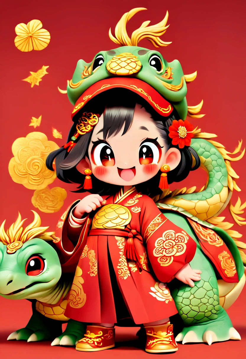 cute doodle, (((Vector illustration style))),(((anthropomorphic turtle))),(((1 cute Chinese dragon, anthropomorphic, standing))),(Wearing traditional red hat,Wearing Chinese red clothes,The clothes are painted with golden dragons、Phoenix and other patterns,Highlighting the theme of 2024 as the Year of the Dragon in the Chinese Lunar Calendar)。(The eyes are big,Two small dimples are revealed when blinking,Smile and open your mouth to show your neat teeth,Hand holding red envelope,Big red envelope,The action of sending blessings or receiving lucky money)。(Thick bouncy black curly hair,Wearing a small red flower on the head)。(Red hat with gold trim and embroidery,The clothes have detailed designs such as buttons and embroidery), (((The stands up,Chinese Xiangyun cloth shoes: 1.6, red LED light effect))), (Full body shot: 1.5), ((Chinese element background,Auspicious cloud background)), (pov, first-person view, Ghibli-like colours, Luminism, cinematic lighting, UHD, masterpiece, ccurate, anatomically correct, textured skin, super detail, high details, high quality, award winning, best quality, 4k)