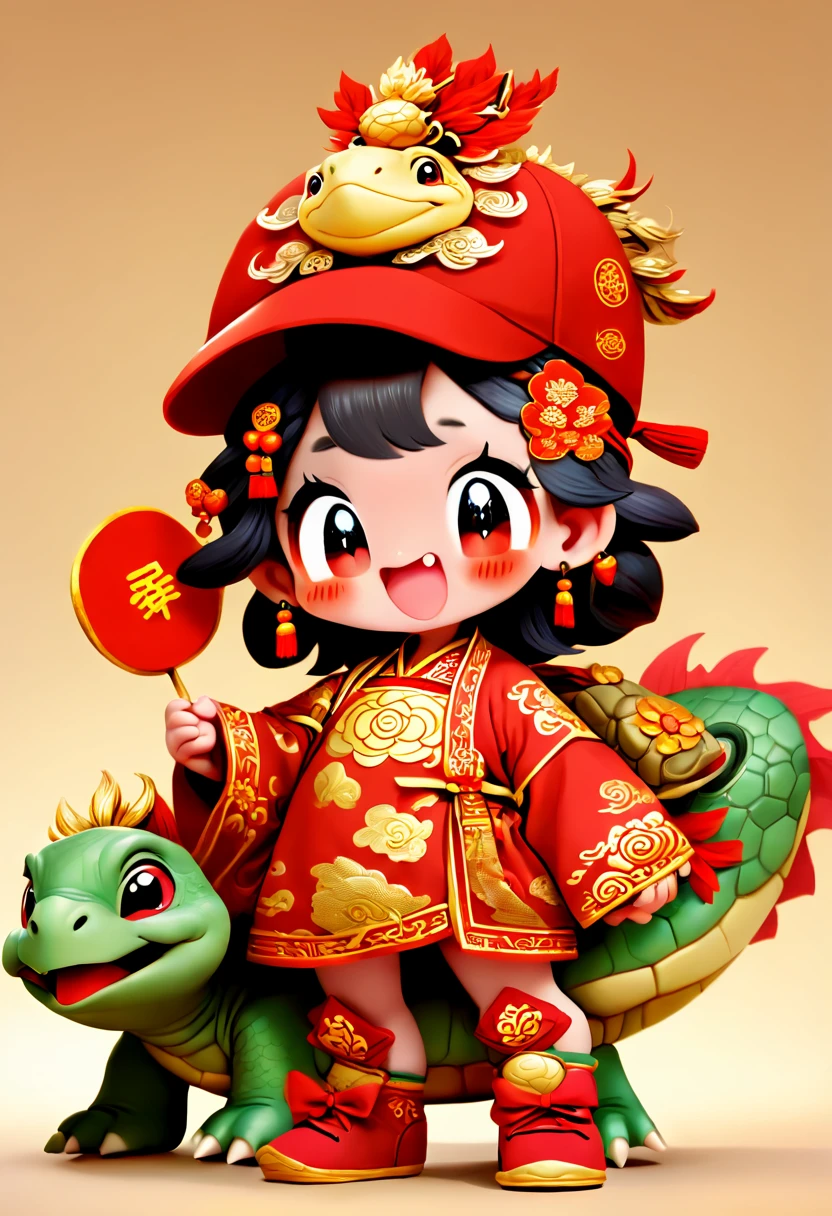 cute doodle, (((Vector illustration style)))，(((anthropomorphic turtle)))，(((1 cute  Chinese dragon, anthropomorphic, standing)))，(Wearing traditional red hat，Wearing Chinese red clothes，The clothes are painted with golden dragons、Phoenix and other patterns，Highlighting the theme of 2024 as the Year of the Dragon in the Chinese Lunar Calendar)。（The eyes are big，Two small dimples are revealed when blinking，Smile and open your mouth to show your neat teeth，Hand holding red envelope，Big red envelope，The action of sending blessings or receiving lucky money）。（Thick bouncy black curly hair，Wearing a small red flower on the head）。（Red hat with gold trim and embroidery，The clothes have detailed designs such as buttons and embroidery), (((The stands up，Chinese Xiangyun cloth shoes: 1.6, red LED light effect))), (Full body shot: 1.5), ((Chinese element background，Auspicious cloud background)), (pov, first-person view, Ghibli-like colours, Luminism, cinematic lighting, UHD, masterpiece, ccurate, anatomically correct, textured skin, super detail, high details, high quality, award winning, best quality, 4k)