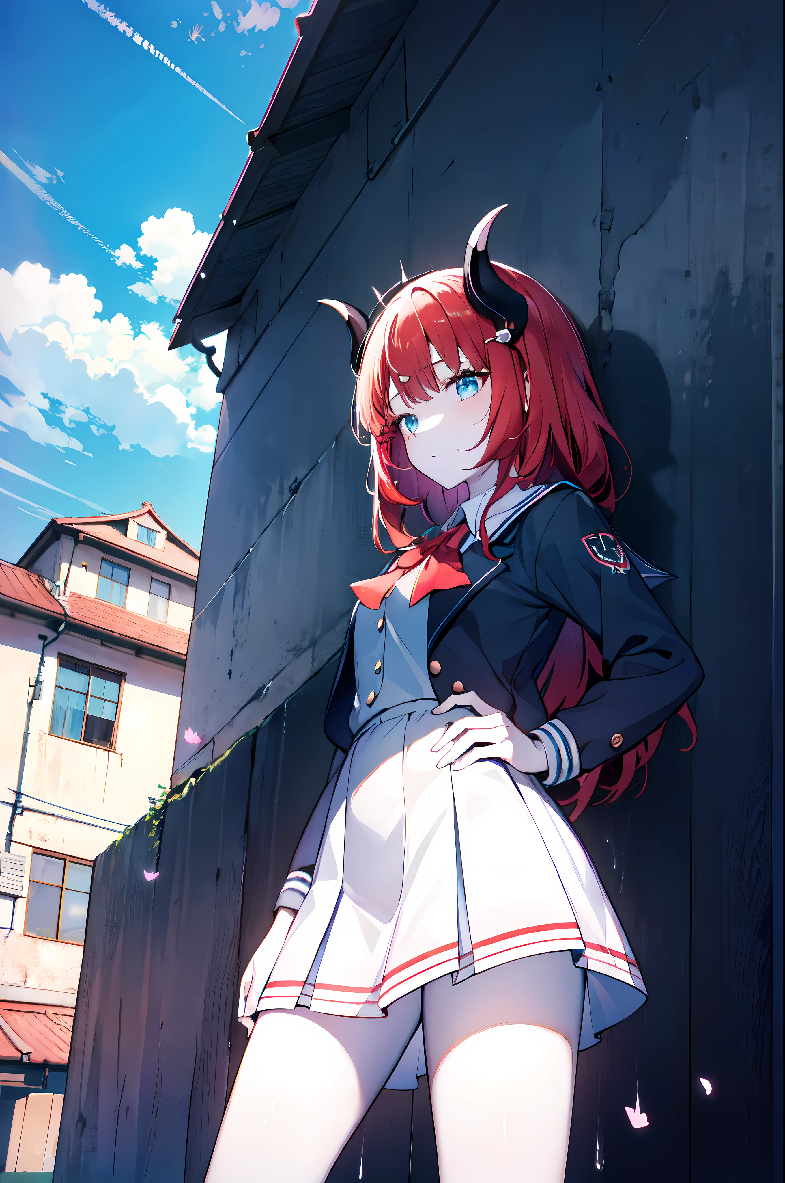 (masterpiece:1.2), (pale skin:1.2), (solo:1.2), (female:1.1), (emphasis lines:1.3), horns, (school_uniform), courtyard, outdoors, red hair, blue eyes, blue sky