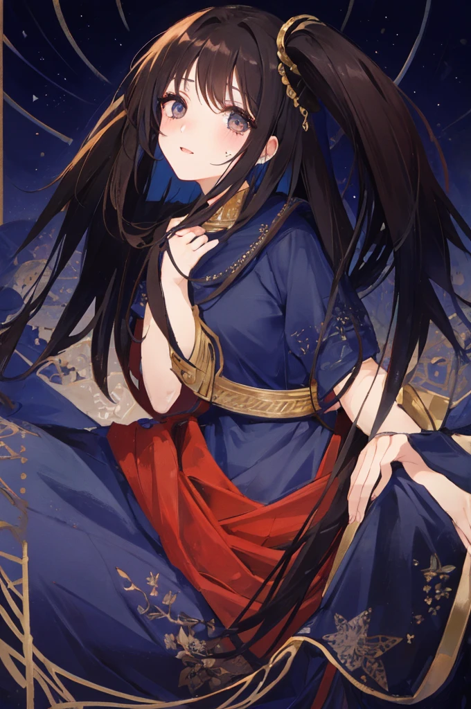A picture of a woman with a beautiful face, a fitting nose, brown-colored eyes, and rosy lips. Her long, straight brown hair, adorned with bangs almost reaching her eyes, cascades down. She is seated on a throne-like chair, crossing her legs, with her right leg resting on her left. She is dressed in a black evening gown, covered at the chest. Her expression is one of a blank stare, coupled with a slight smile on her beautiful lips. From her eyes, black tears flow down her clean cheeks.