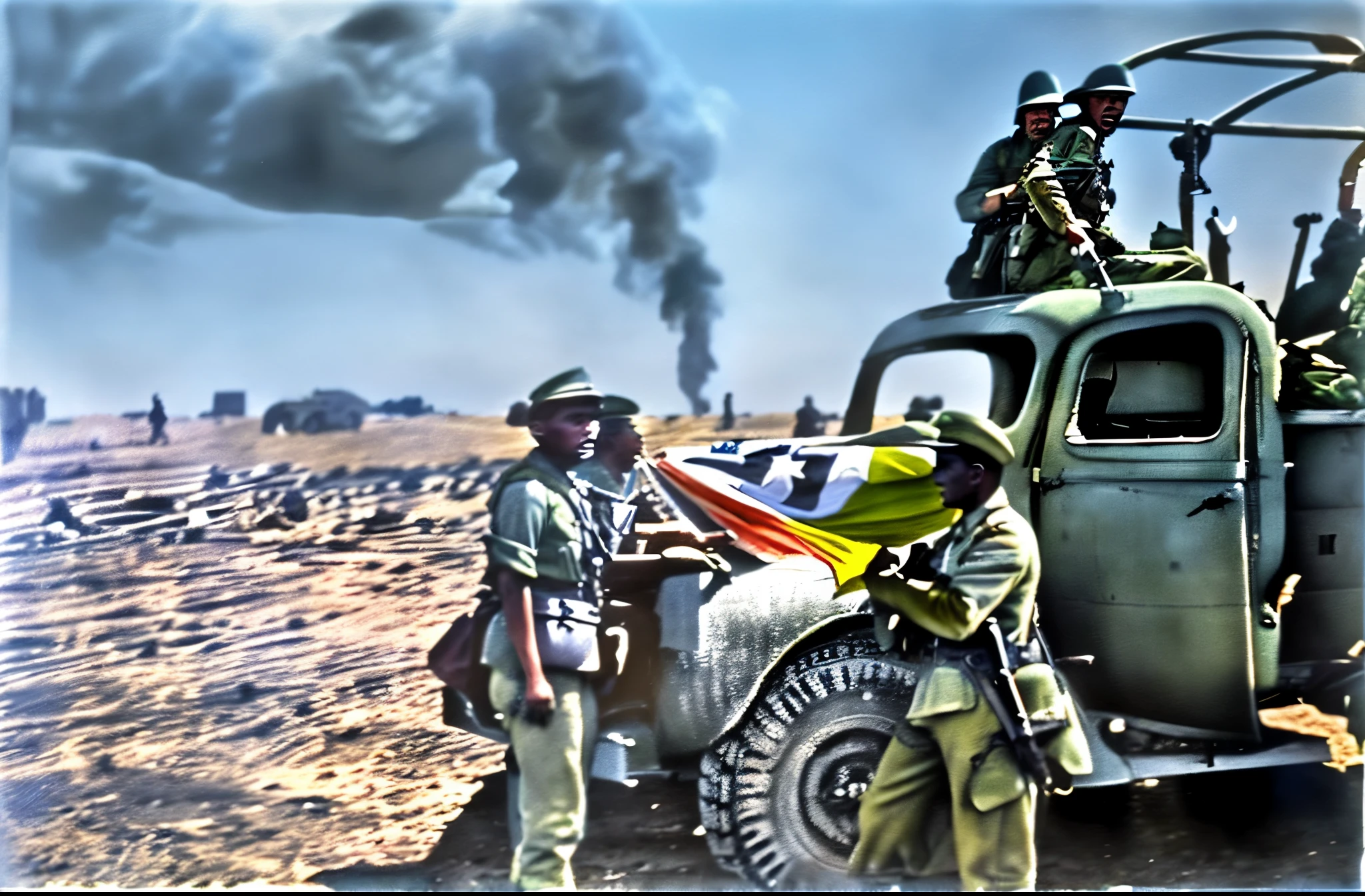 soldiers standing around a truck with a flag on the back, ww2 historical photography, ww 2 historical photography, coloured photo, award winning colorized photo, ww2 historical photo, colourized, a colorized photo, war photo, ww2 photo, colorized photo, ethiopian civil war, colorized photograph, colourised, colored photo, war photography, photo in color