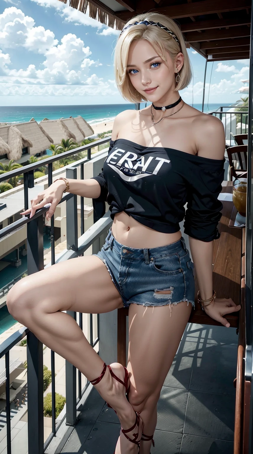 25-year-old Caucasian woman、platinum-blonde、blue eyess、Short Bob、Inner winding、using a hair band、accessories on the wrist、wearing a choker、a smile、I can see the belly button、My abs are cracked、a smile、Slender but well-proportioned muscular body、I don't want my head to disappear from the screen.、Wearing an off-shoulder shirt with a logo on it、I'm wearing low-rise hot pants、Ribbons are wrapped crisscrossingly from ankles to thighs.、I'm wearing high heels、Facing to the side、a smile、I'm on the balcony of a resort apartment overlooking the ocean.
