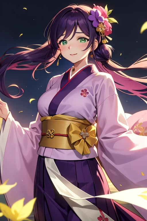 1girl in, Nozomi Tojo, (Green eyes:1.5), Purple hair, Long Straight，breasts protruding from clothes,, slight smile, Looking at Viewer, POV, blush, Large breasts, Solo Focus, floating hearts,
masutepiece, Best Quality, beautifullydetailedbackground, Cinematic lighting,  Dark,Komono，Purple kimono，kimono，Furisode，long  skirt，shrines