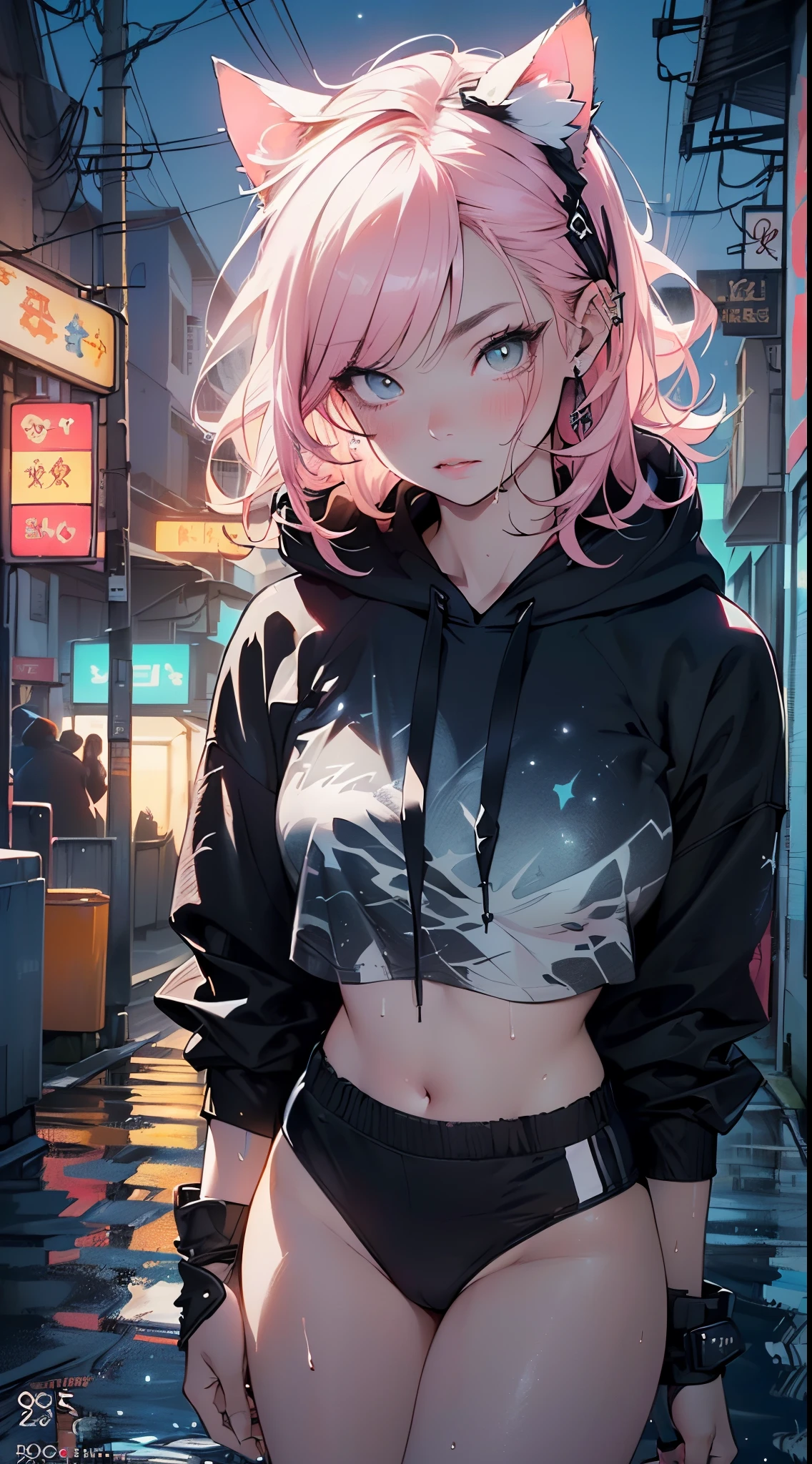 girl spacepunk,(1个Giant Breast Girl),((beuaty girl,With cute cat ears)),
(:1.4),big breasts drooping、Thinning hair,black messy hair,Colored inner hair,long whitr hair:1.5,Long unkempt hair:1.35,cabelos preto e longos,Ear breathing,complex haircut)),((((Cat ears,There are cat ears on the head,Big cat ears)))),(((neon_Pink_The eye:1.3))),complex eyes,美丽细致'sThe eye,symetric eye)),(((Glow skin:1.5,Brightens skin: 1.5,The skin tanned,Glossy glossy skin,The skin very radiant,shining body,plastic glitter skin,Exaggerated glowing skin,Glowing skin,Wet legs))),(spider lower abdomen,Willow waist,Wide hips,Sporty body,inflatable legs,Detailed body,(详细's脸)),
cute big breasts,'s,'s,'s,(((nsfraffiti art in clothes),Absolute opportunity,Clothing that exposes,show skin,((((Lower boolean)),(Half-naked,The clothes are little),((small thong, Armor thong intricaarge sports socks,Visible thong straps,Don't wear it),((Portate)),((((cropped hoodie,cropped hoodie,hoody,sophisticated hoodie)))),(((wetclothes,complex clothing,Complex clothes))),
(dynamicposes:1.0),focused only,Embarrassing,(at centre,Scale to fit the dimensions,the rule of thirds),
Seaside cyberpunk city at night, There are bright neon lights and dark storm clouds and puddles, scenecy:1.25,during night, star night, kosmos,Pitch black night,Neon lights are particularly eye-catching, very bright neon light,during night, star night, kosmos,
artsy photography,(Photos taken by sldr),A high resolution, Focus sharp,(ultra - detailed, The very detailed), (realistic artwork:1.37),(extremely detaild's CG unified 8k wallpapers),((Synthetic wave background theme)),(((vivd colour))),iintricate,(intricate background),(tmasterpiece),(Best quality at best),Perfectly rendered face,Perfect facial details,Realistic face,photograph realistic,analogue style,((Complicated details)),(((Realistis))),