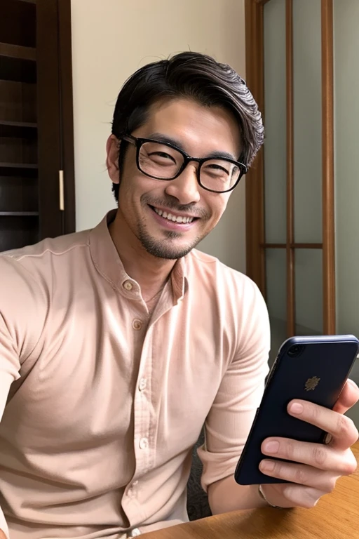 Smiling and handsome Japanese man looking at smartphone at home,Smiling and handsome Japanese man looking at smartphone at home,Wearing glasses,japanes,upper body portrait upper body portrait