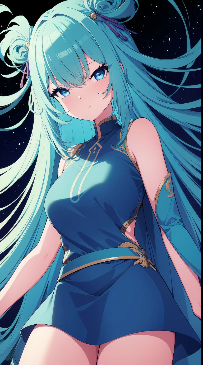 (Masterpiece, Top Quality, Best Quality, Official Art, Beauty and Aesthetics: 1.2), (1girl: 1.3), (Fractal Art: 1.3), Vibrant Aqua Blue Eyes, Medium Hair with Tassels, Nude Midpart