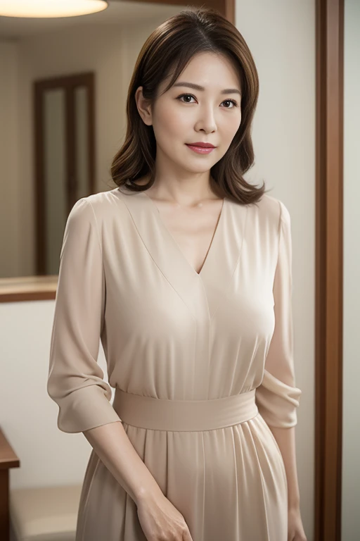 masuter piece, top-quality, ​masterpiece, hight resolution, Photorealsitic, Raw photography, 8k wallpaper, flawless, profetional lighting, ighly detailed, depth of fields,Pale solid color background, ((Japanese mature woman in her 40s)), chubby figure, Female sexy, Detailed face, beautidful eyes, bangss, large full breasts, Straight light brown hair that reaches to the shoulders, Faint lips, ((stand facing the center of the screen, Staring at the viewer, Serious face)),Business Wear, foot out of frame, Looking at Viewer, cowboy  shot