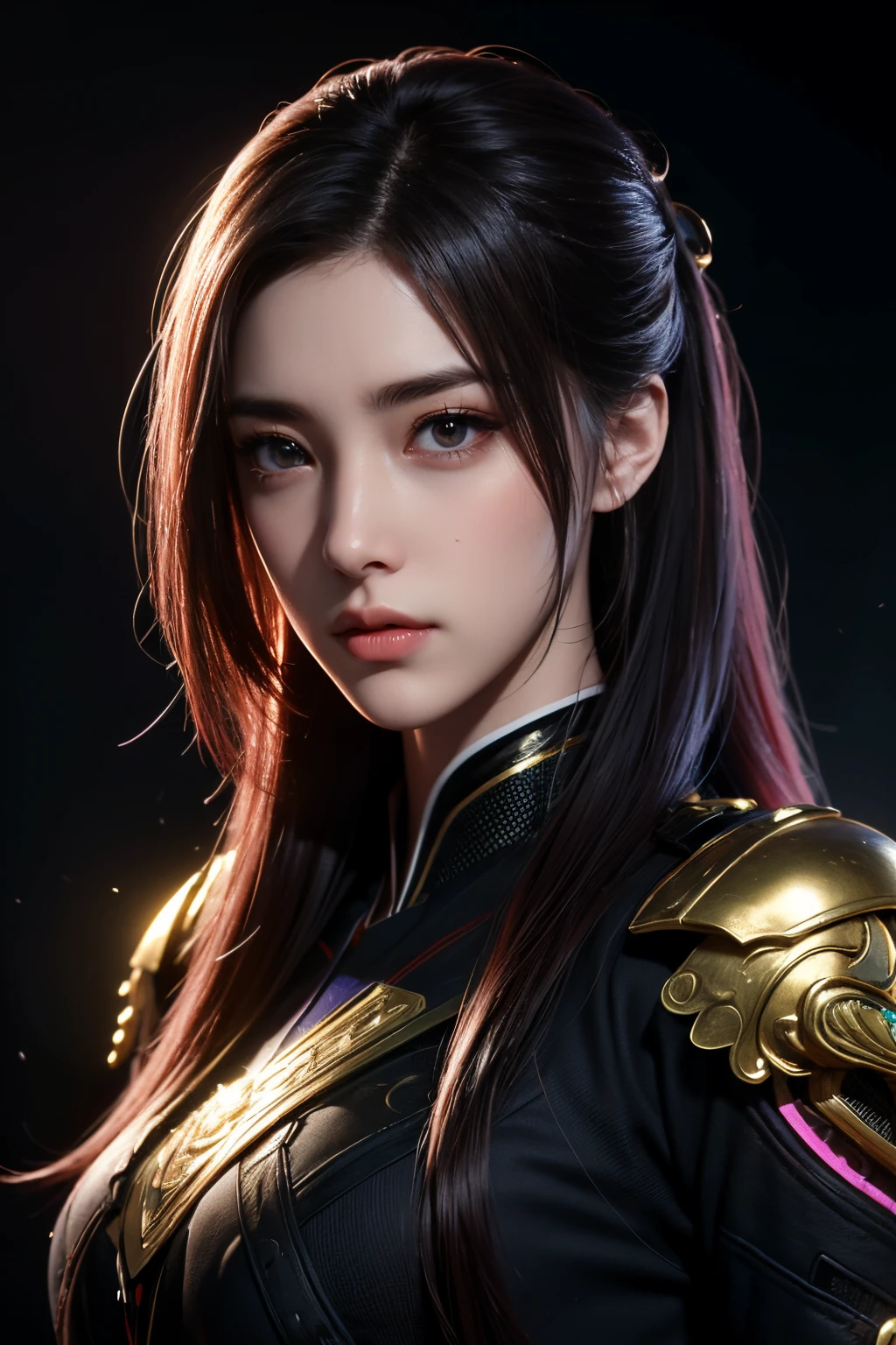 high high quality,A high resolution,tmasterpiece,8K,(hyperrealistic photo),(sportrait),digital photography,(真实感:1.4),20岁女孩,exquisite facial features,a purple eye,Red Eyeshadow,((Cyberpunk style)),Random hairstyle colorless hair),,(,Combat uniforms,Openwork design,shoulder pads,Intricate clothing patterns,Beautiful badge),shut up,scowling,ssmile,Cold and serious,Extremely meticulous expression,Authentic details,Light magic,Photo pose,oc render reflection texture