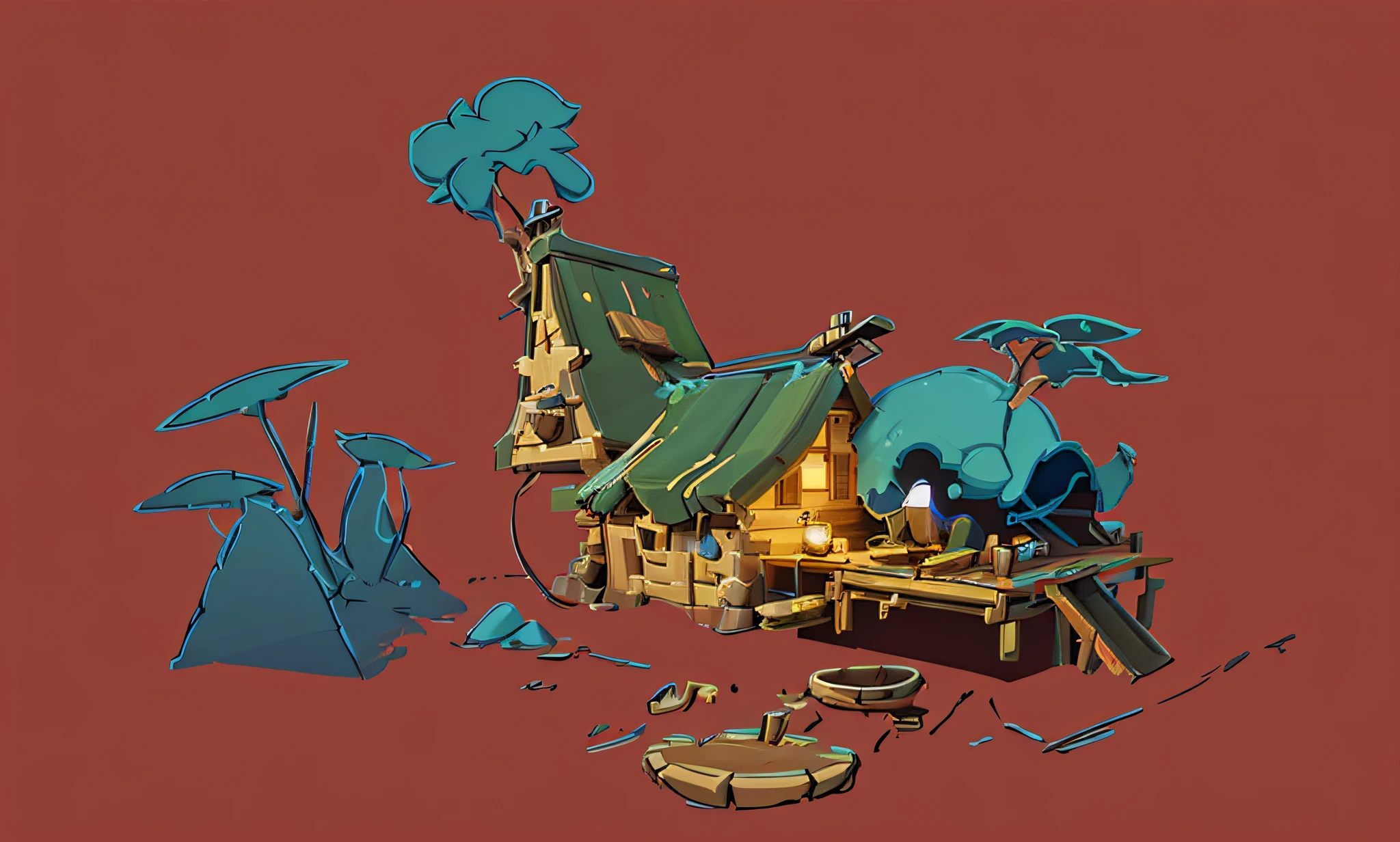 Cabin in the forest，tribal hut，2D game line art blender, 2D Game Line Art Behance HD, stylized lines, Line work concept art, arte de fundo, clean linework, Official concept art, finished concept art, thickline, concept-art, Published concept art, concept-art, line art, conceptual drawing