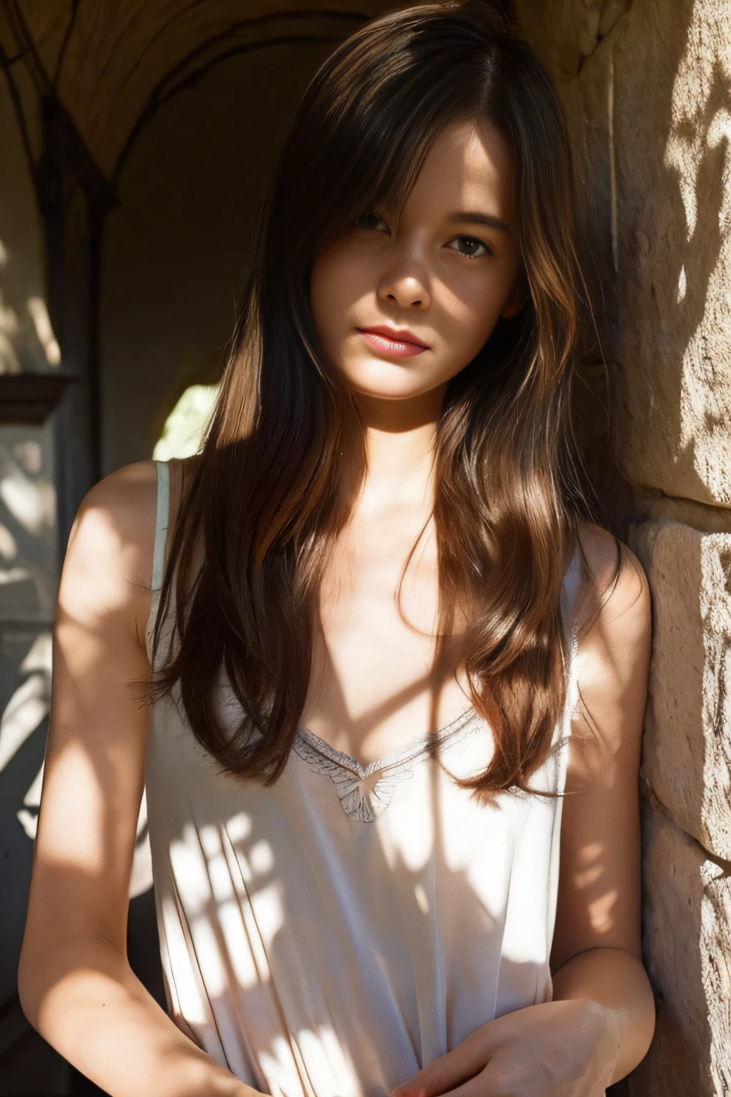 {Best Quality}, {{masutepiece}}, {wonderfully delicate and beautiful}, Outstanding light and shadow, highly detailed wallpaper, Shades of sunlight, One girl, Fine, downcast, delicate and messy hair, Realistic skin texture,,Cave, Tight waist, Less freckles