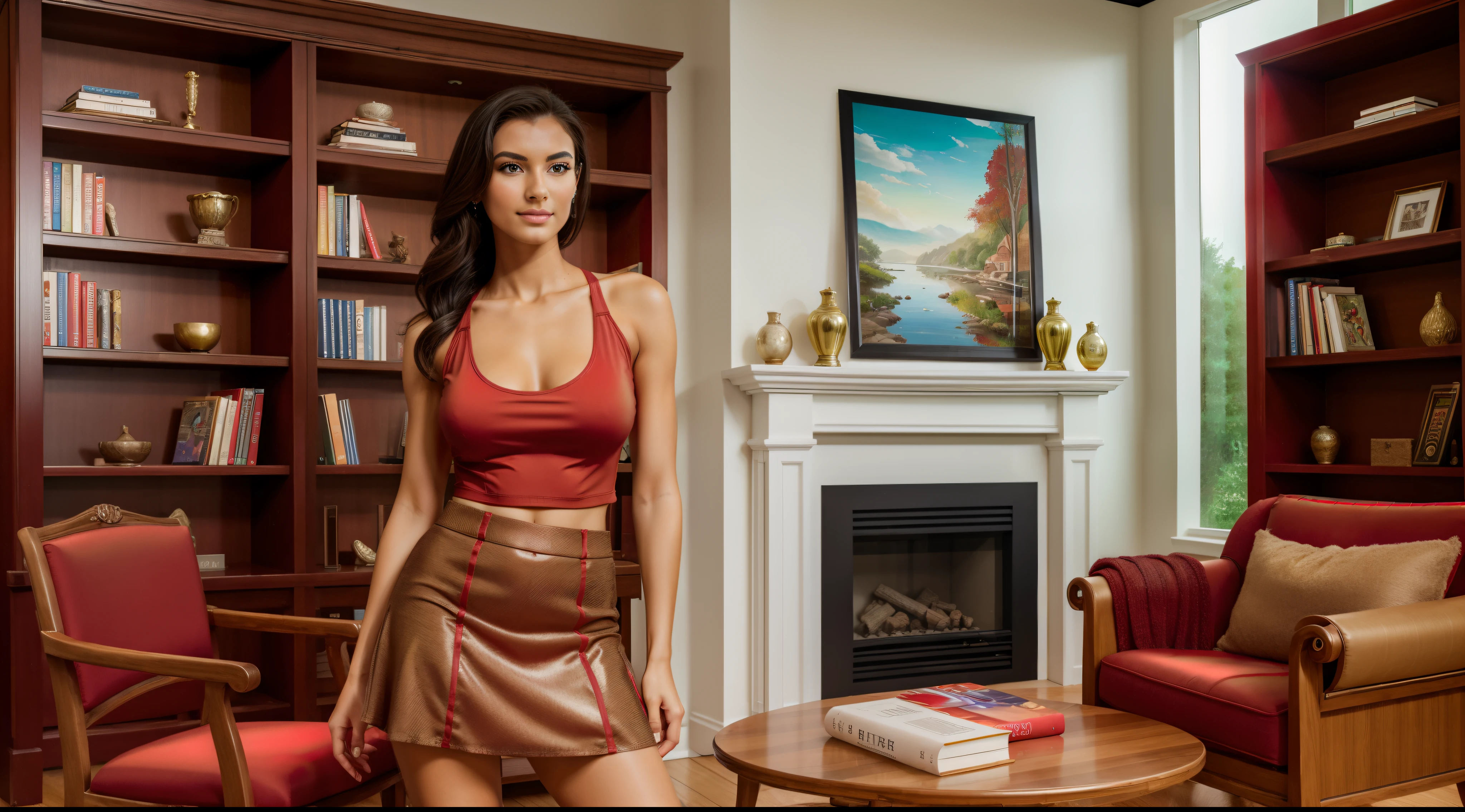 (((a girl alone in the library))),((full-body, cinematic-shot)),(best quality,4k,8k,highres,masterpiece:1.2),ultra-detailed,(realistic,photorealistic,photo-realistic:1.37),(beautiful and aesthetic:1.2),vibrant color,(film grain:1.3).

(((1girl))),(((solo))),((1 person)),(17years-old),[Hipólita-Felipa-Tere],((sharp focus:1.5)),pearl skin,(skin pores:1.1),beautiful detailed eyes,beautiful detailed lips,extremely detailed eyes,longeyelashes,extremely detailed face and skin texture,(skin texture:1.1),black hair,tall and slender body,(192cm tall),thin and delicate figure,graceful posture,flawless skin,defined abs,perfect curves,feminine appearance,beautiful long legs,embodying elegance and beauty,(cleavage breasts,large breasts:1.4),((wearing a (red:1.4) tank-top with a (red) ultra-short miniskirt:1.4)),extremely detailed and realistic (red) clothes,(shiny skin).

[aesthetic library,modern,books,bookshelves,artificial lighting,contemporary design,large windows,natural light,wooden floors,modern interior,modern furniture,plant decorations,colorful book covers,organized,quiet,peaceful,serene atmosphere,art prints,reading chairs,coffee tables,artificial fireplace,bookmarks,painting hanging on the wall,bookworm,inspiration,creativity,no noise,beautiful scenery outside the windows,a cup of coffee,small tables for notes and pencils,thought-provoking quotes,keycard access,architecture,architectural elements,vibrant colors,tradition fusion with modern,eclectic,modern art,art appreciation,art exhibitions,splashes of color,calmness,serendipity,relaxing music,modern sculptures,art installations,creative space,artistic inspiration,contemporary novels,classic literature,display shelves,modern classics,open space,reading nooks,sunlight pouring in,homely,casual,unconventional design,artistic.]

Official art,extremely detailed,(fractal art:1.1),(colorful:1.1),(many colors:1.4),Angelic ethereal beauty,studio photography,professional photography.