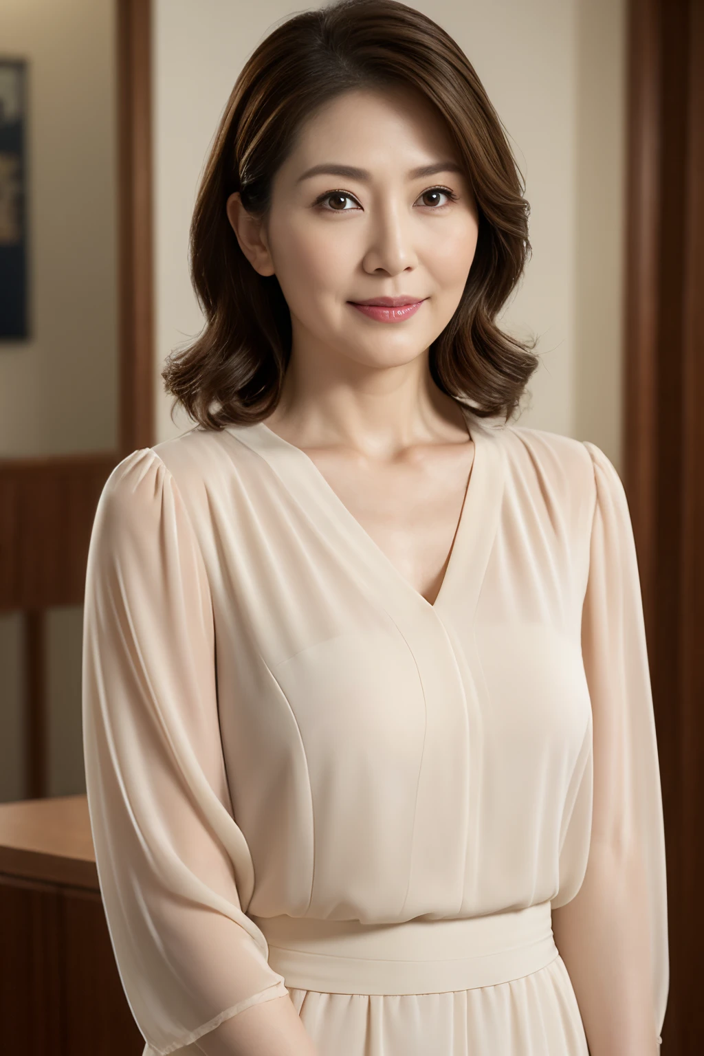 masuter piece, top-quality, masterpiece, hight resolution, Photorealsitic, Raw photography, 8k wallpaper, flawless, profetional lighting, ighly detailed, depth of fields,Pale solid color background, ((Japanese mature woman in her 40s)), chubby figure, Female sexy, Detailed face, beautidful eyes, bangss, large full breasts, Straight light brown hair that reaches to the shoulders, Faint lips, ((stand facing the center of the screen, Staring at the viewer, Serious face)),Business Wear, foot out of frame, Looking at Viewer, cowboy shot