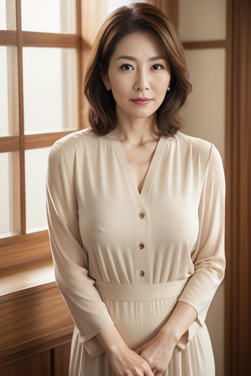 masuter piece, top-quality, ​masterpiece, hight resolution, Photorealsitic, Raw photography, 8k wallpaper, flawless, profetional lighting, ighly detailed, depth of fields,Pale solid color background, ((Japanese mature woman in her 50s)), chubby figure, Female ????, Detailed face, beautidful eyes, bangss, large full ???????, Straight light brown hair that reaches to the shoulders, Faint lips, ((stand facing the center of the screen, Staring at the viewer, Serious face)),Business Wear, foot out of frame, Looking at Viewer, cowboy  shot