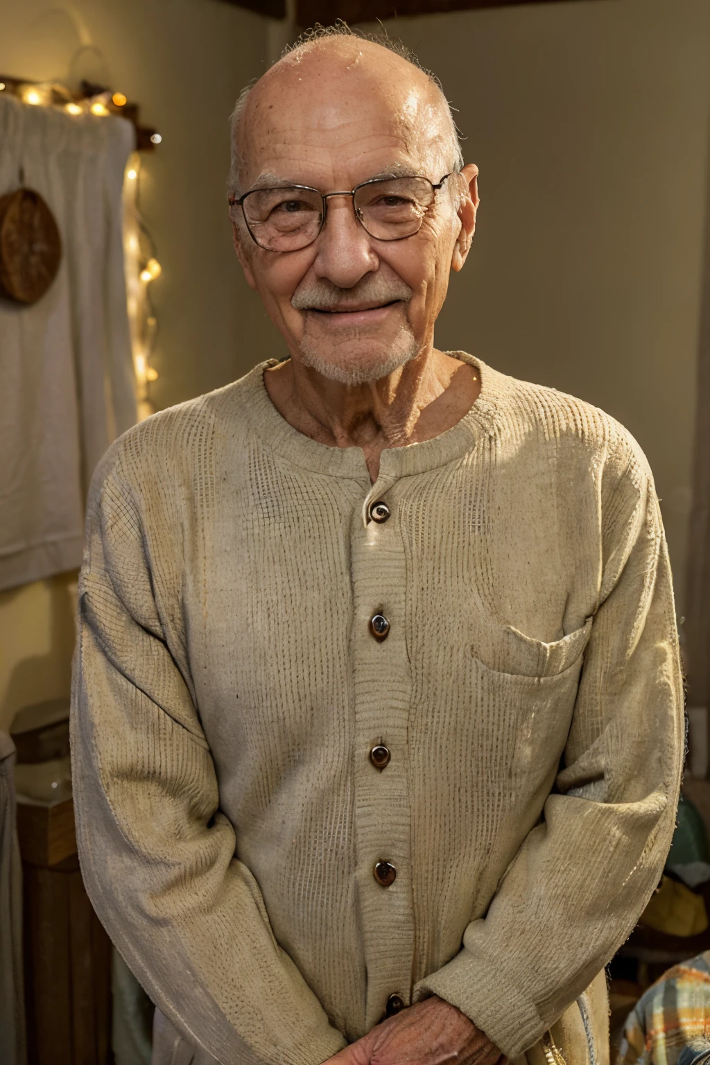 Russel hodgkinson, An elder butler with a long beard and white hair, with a serene face wrinkles, looking producing, body older weak, skinny bones hairy, body naked, his vest butler was open to reveal his stomach wrinkles older hairy weak and chest, bow tie, socks and suspense socks, gloves white, boxer old briefs, arms legs neck hands feet skinny old and weak, shy and blushed, Lying on old sofa vintage, lily,master-piece,4K images,beste-Qualit