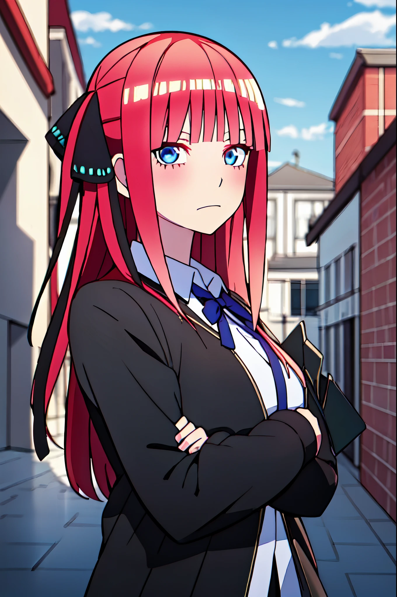 (masterpiece:1.2), (pale skin:1.2), (solo:1.2), (female:1.1), (emphasis lines:1.3), (school_uniform), courtyard, outdoors, red hair, blue eyes, blue sky, (hair_bow:1.3)