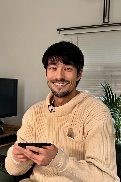 Smiling and handsome Japanese man looking at smartphone at home,Upper body portrait,male people