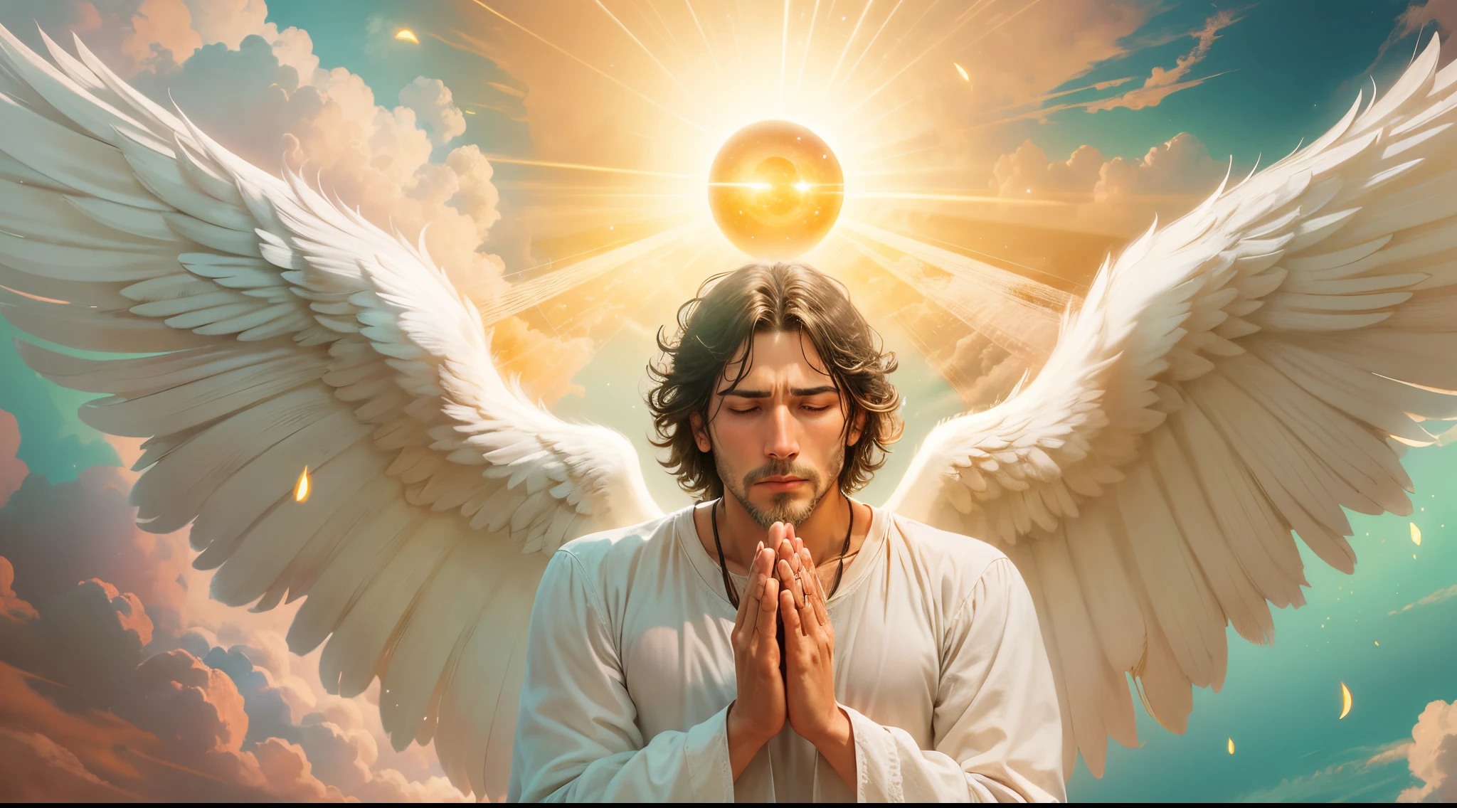 Closeup of an image of a man angel praying and blessing, arcanjo homem com asas grandes, o anjo da fortuna, perfeito, Reslistic, Biblical setting, celestial scenery, sol e nuvens ultras realistas, flores e velas, illuminated archangel of heaven, Passes em segundo plano, flores coloridas, velas acesas, roupas brancas e vermelhas