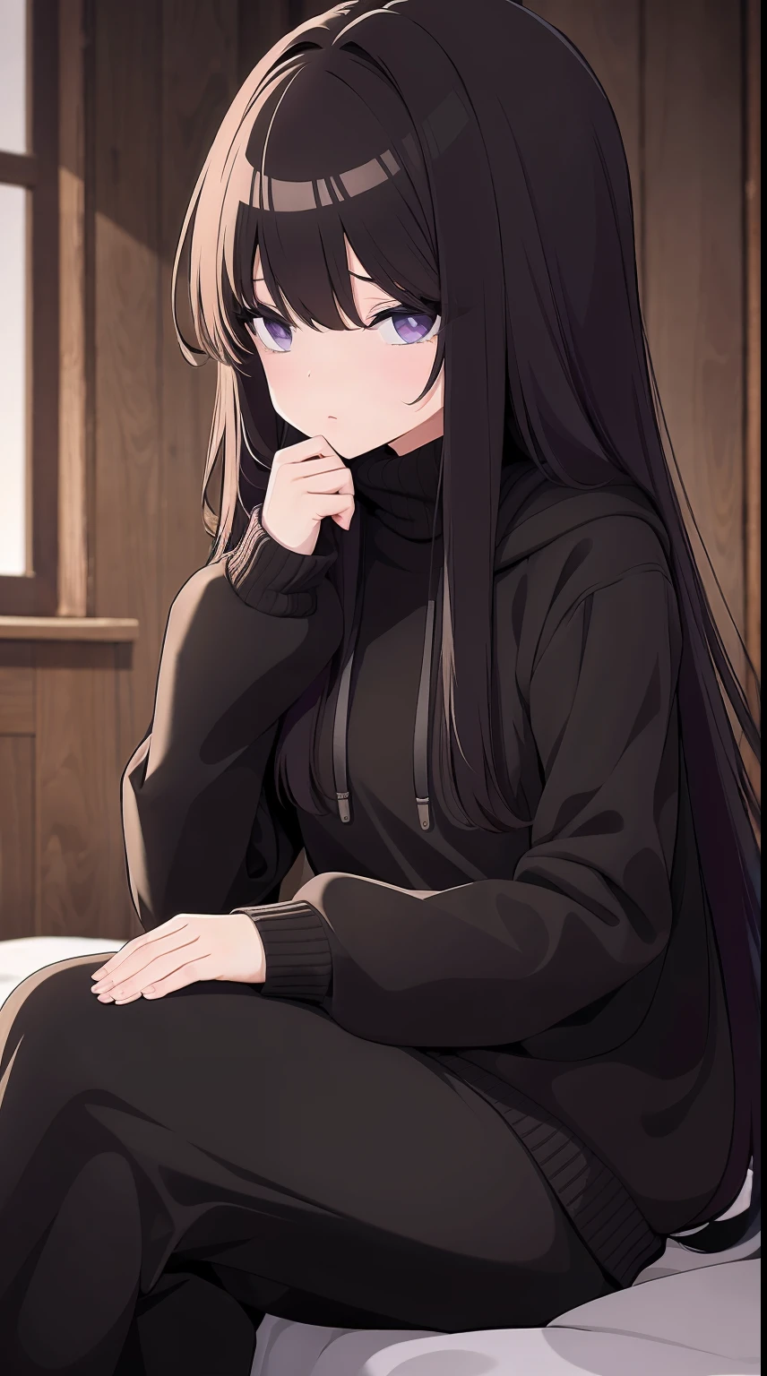 A gothic girl sits alone in a dimly lit bedroom, her melancholic expression accentuated by the somber atmosphere. She wears a cozy sweater with a hoodie that partially obscures her face, and her attire consists of black soggy pants that amplify the air of desolation. Long strands of black hair cascade over one of her purple eyes, adding an element of mystery to her appearance.