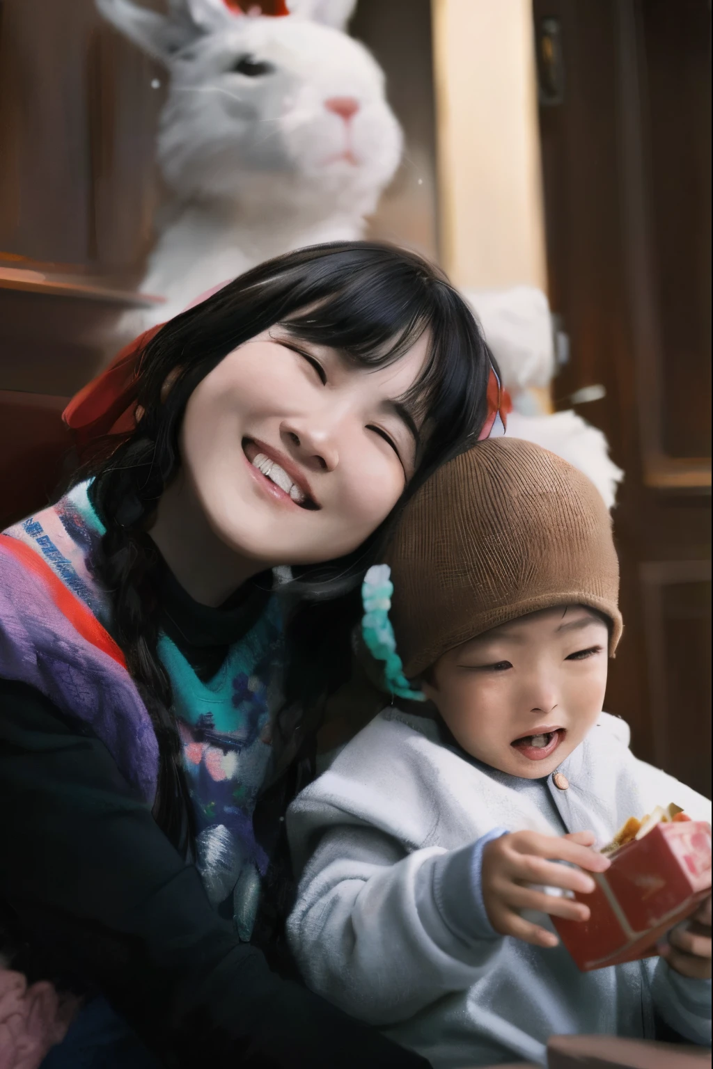 there a woman and a that are sitting together, with a child, look of joy, a happy stills, subtitles, The children, Nam Jae-yeon, The children, User photo, Kids' the, child, Happy kids, gongbi, korean artist, korean woman, unknown artist, john park, famiglia, young asian girl, Happy, happy birthay