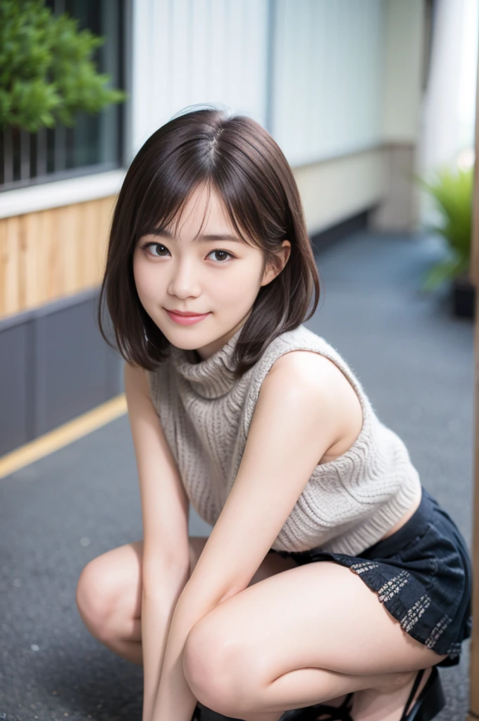 NSFW,rivulets、great outdoor rom bottom、Alafed Girl, chiho, iwakura lain, closeup Iwakura Lain, With short hair, Shiori Teshirogi, Kotegawa Yui, hime-cut, She is 17 years old, sui ishida with black hair, lain iwakura, girl cute-fine-face, Clear pubic contours,(Small breasts), hight resolution, ighly detailed, top-quality, [​masterpiece:1.6],, ighly detailed, nffsw, finely detail, top-quality, , Cinematographic lighting, 1girl in、17 age、Cute Japan Girls、perfect body type、, Cute droopy eyes、Beautiful big eyes、Transcendent beauty　top-quality、​masterpiece、majicMIX Real、(Raw photography:1.2)、(Photorealsitic:1.4)、Negative prompt、The best smile、White teeth、Bewitching、turtle neck、Knitted crop top、short-hair、(Slouched:1.3)、crouching down、(From  above:1.2)、(a closeup:1.4)Very small lewd panties that went down to the knees、Panties small to the limit、Pubic hair showing through、Arms crossed、full body Esbian、Spread legs black mini skirt