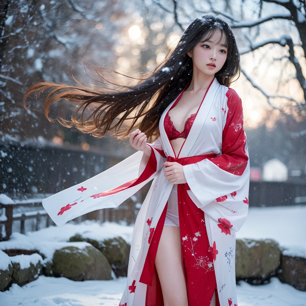 (Kimono)、(top-quality,masterpiece:1.3,超A high resolution,),(ultra-detailliert,Caustics),(Photorealsitic:1.4,RAW shooting,)Ultra-realistic capture,A highly detailed,high-definition16Kfor human skin、 Natural skin texture、、The skin looks healthy with an even tone、 Use natural light and color,One Woman,japanes,,kawaii,A dark-haired,Very big big、Middle hair,(depth of fields、chromatic abberation、、Wide range of lighting、Natural Shading、)、(Falling snow:1.2)、(Hair swaying in the wind:1.2)、(Snow reflects light:1.1)、Cleavage can be seen through the exposed kimono、Legs visible through exposed kimono(red garter belt)
